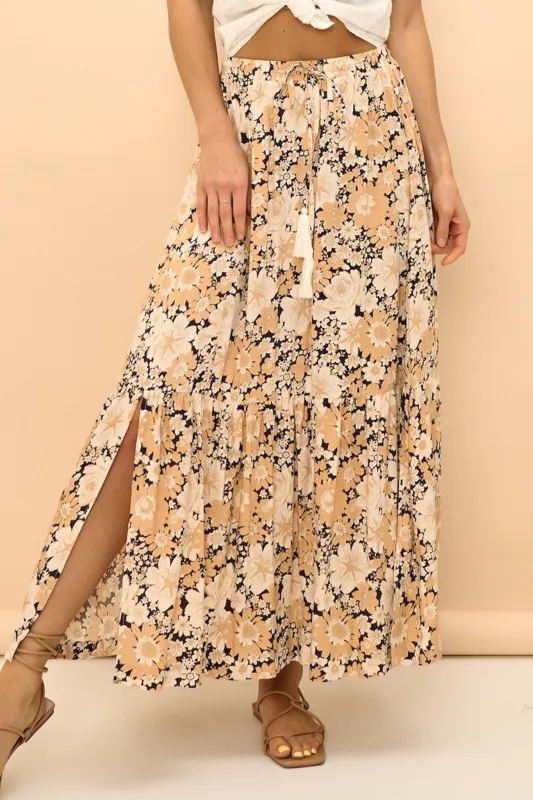 Zia Maxi Skirt - High Waisted Skirt with Tassel Waist Tie and Front Splits in Lyanna Print sold by Salty Crush