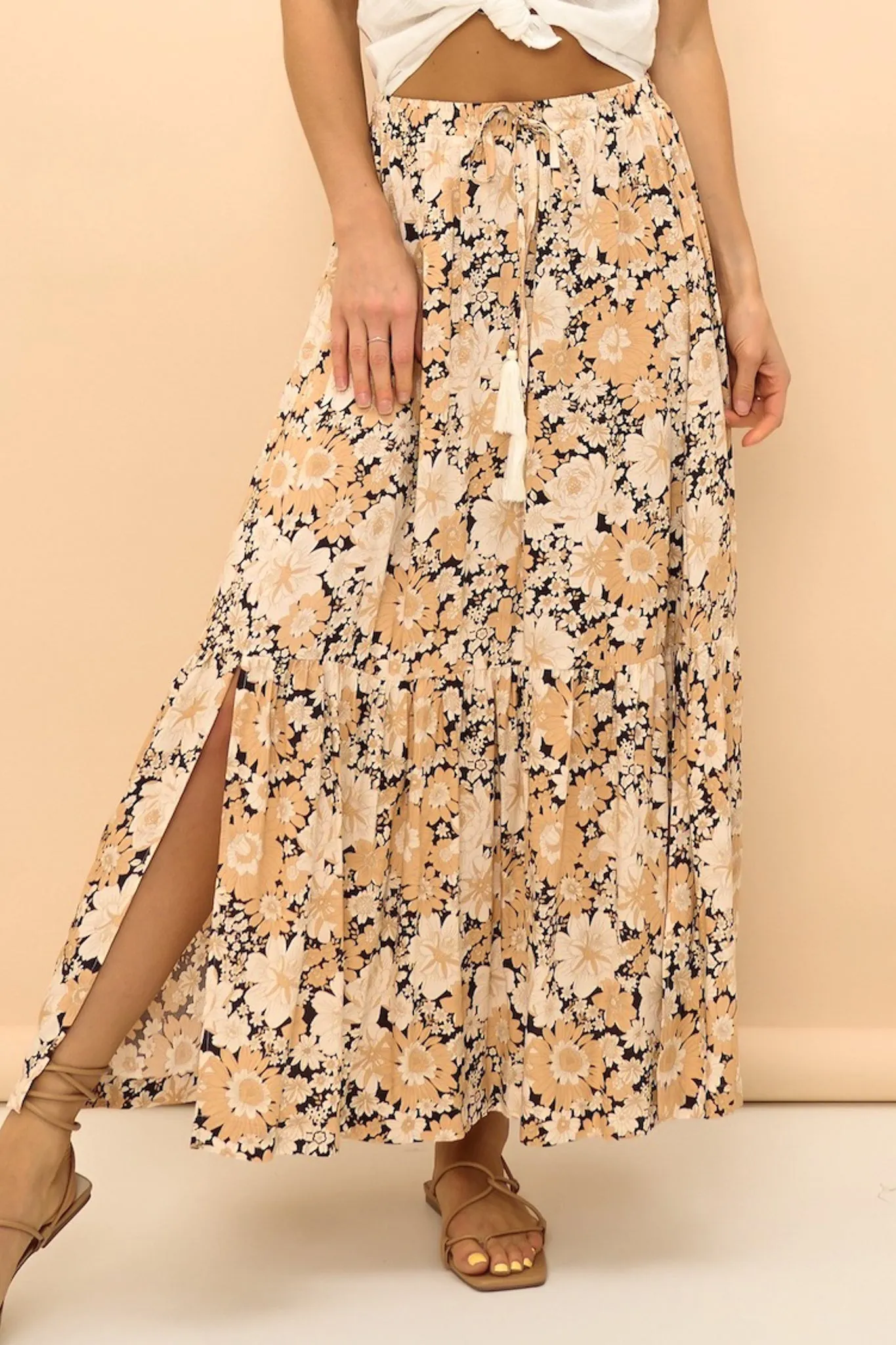 Zia Maxi Skirt - High Waisted Skirt with Tassel Waist Tie and Front Splits in Lyanna Print sold by Salty Crush