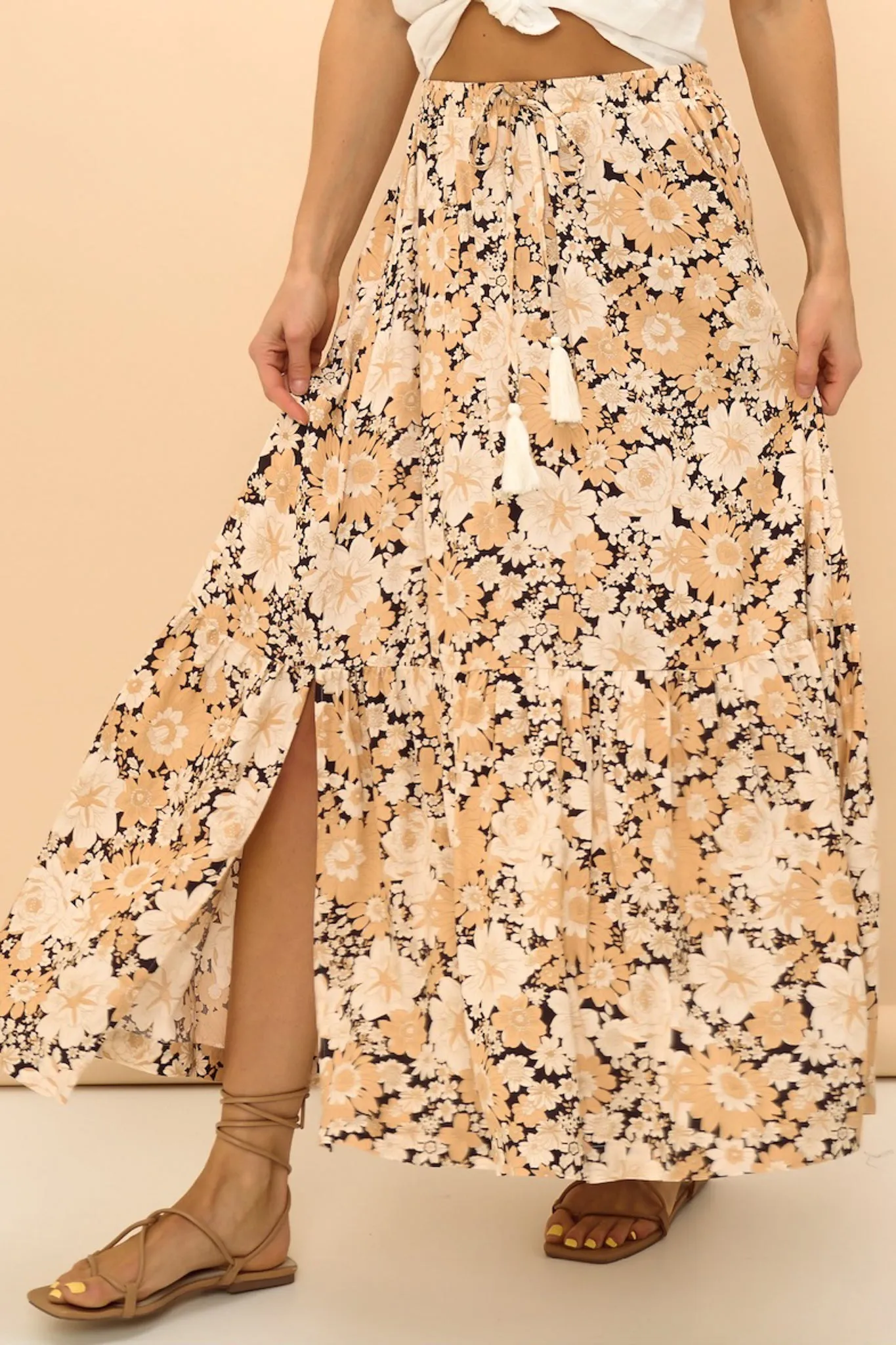 Zia Maxi Skirt - High Waisted Skirt with Tassel Waist Tie and Front Splits in Lyanna Print sold by Salty Crush product image thumbnail 2