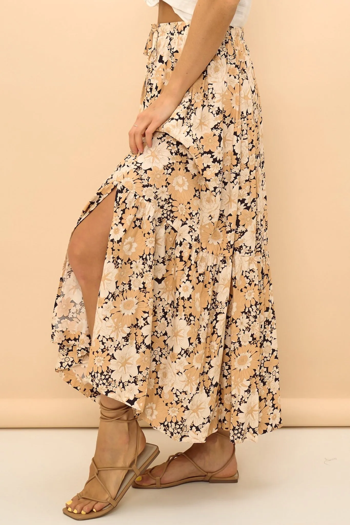 Zia Maxi Skirt - High Waisted Skirt with Tassel Waist Tie and Front Splits in Lyanna Print sold by Salty Crush product image thumbnail 3