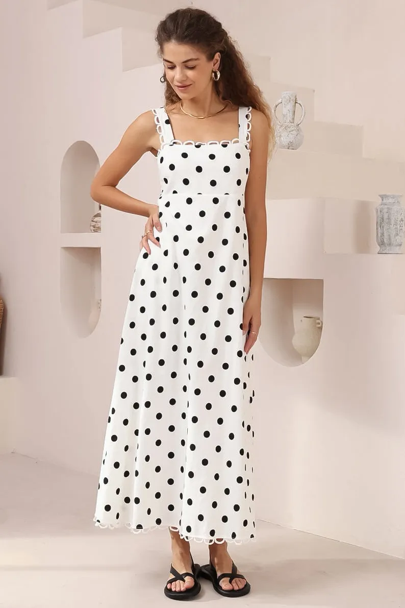Darla Midi Dress - Scallop Trim Thick Strap Cotton Sun Dress in Polka Dots White sold by Salty Crush product image thumbnail 4