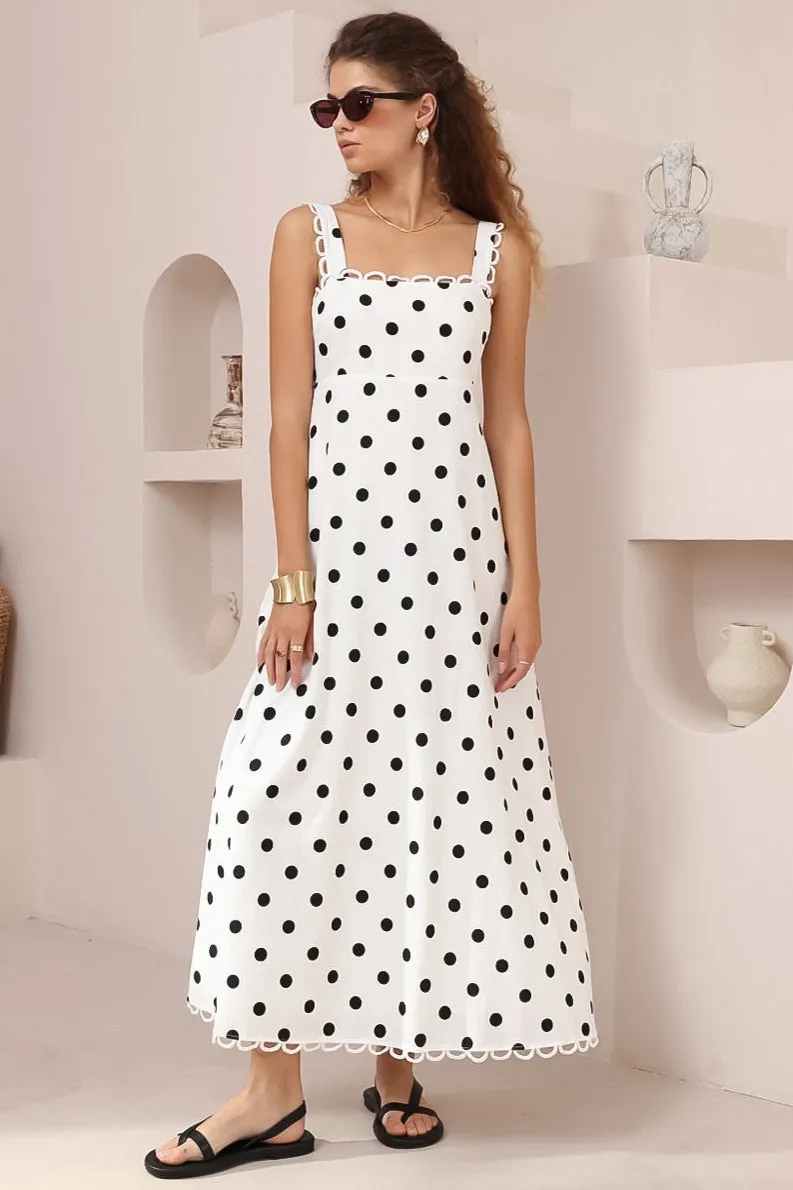 Darla Midi Dress - Scallop Trim Thick Strap Cotton Sun Dress in Polka Dots White sold by Salty Crush product image thumbnail 3