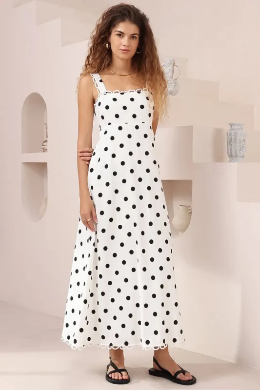 Darla Midi Dress - Scallop Trim Thick Strap Cotton Sun Dress in Polka Dots White sold by Salty Crush
