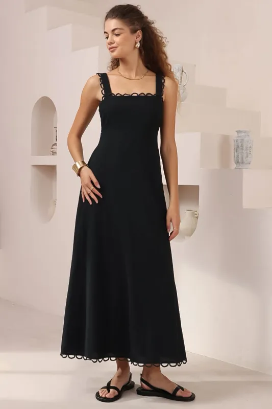 Darla Midi Dress - Scallop Trim Thick Strap Cotton Sun Dress in Black sold by Salty Crush