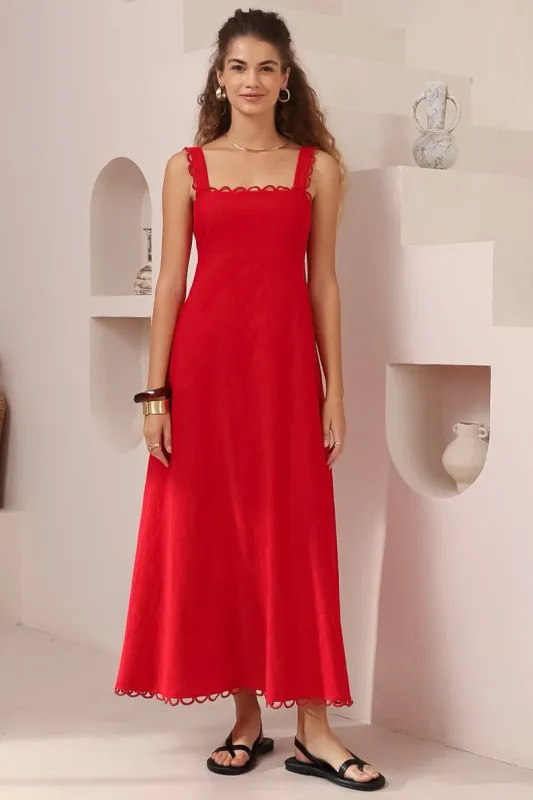 Darla Midi Dress - Scallop Trim Thick Strap Cotton Sun Dress in Red sold by Salty Crush