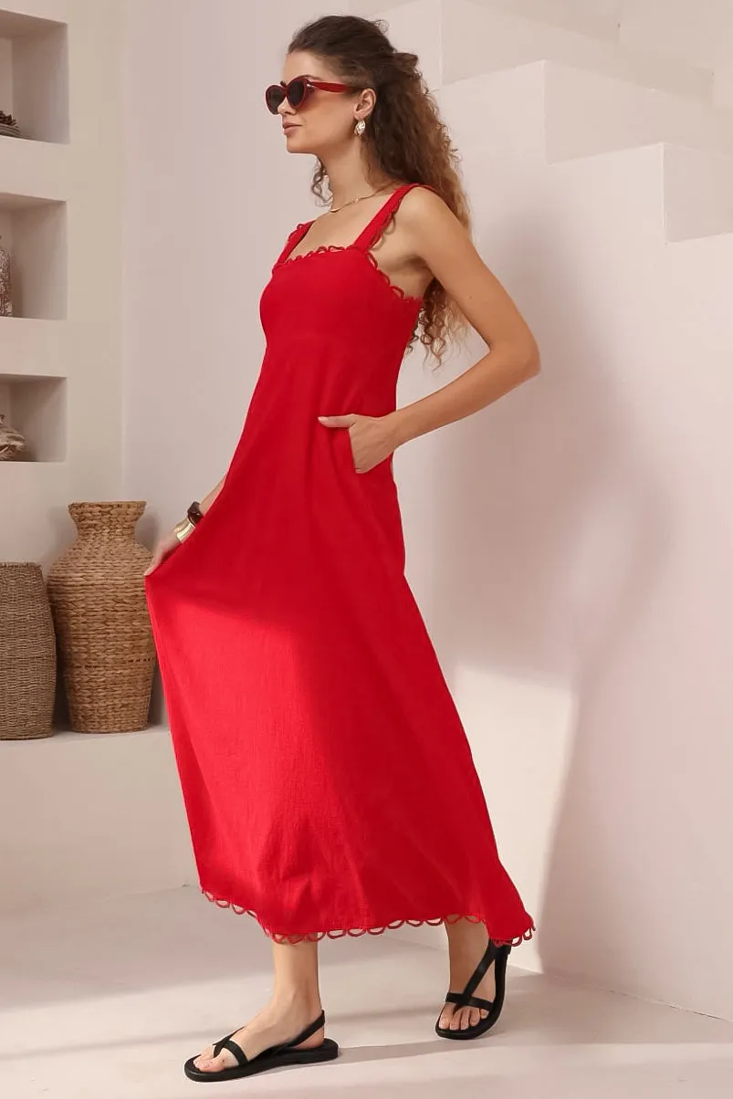 Darla Midi Dress - Scallop Trim Thick Strap Cotton Sun Dress in Red sold by Salty Crush product image thumbnail 3