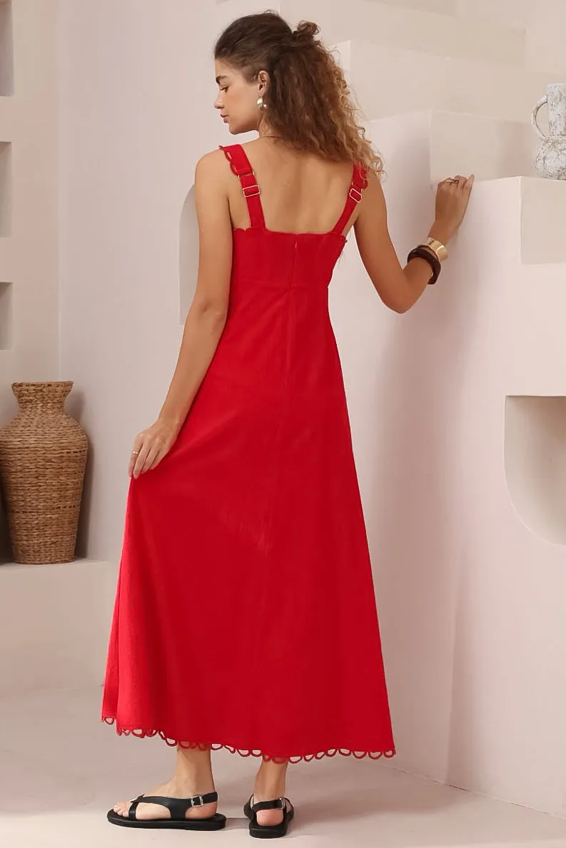 Darla Midi Dress - Scallop Trim Thick Strap Cotton Sun Dress in Red sold by Salty Crush product image thumbnail 4