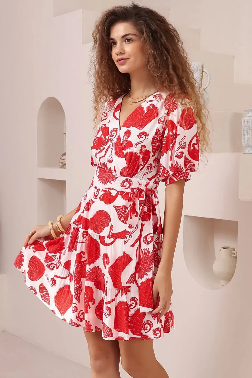Pippa Mini Dress - V-Neck Wrap Dress with Short Balloon Sleeves in Alexa Print sold by Salty Crush product image thumbnail 3