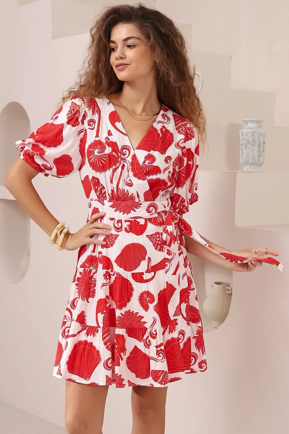 Pippa Mini Dress - V-Neck Wrap Dress with Short Balloon Sleeves in Alexa Print sold by Salty Crush