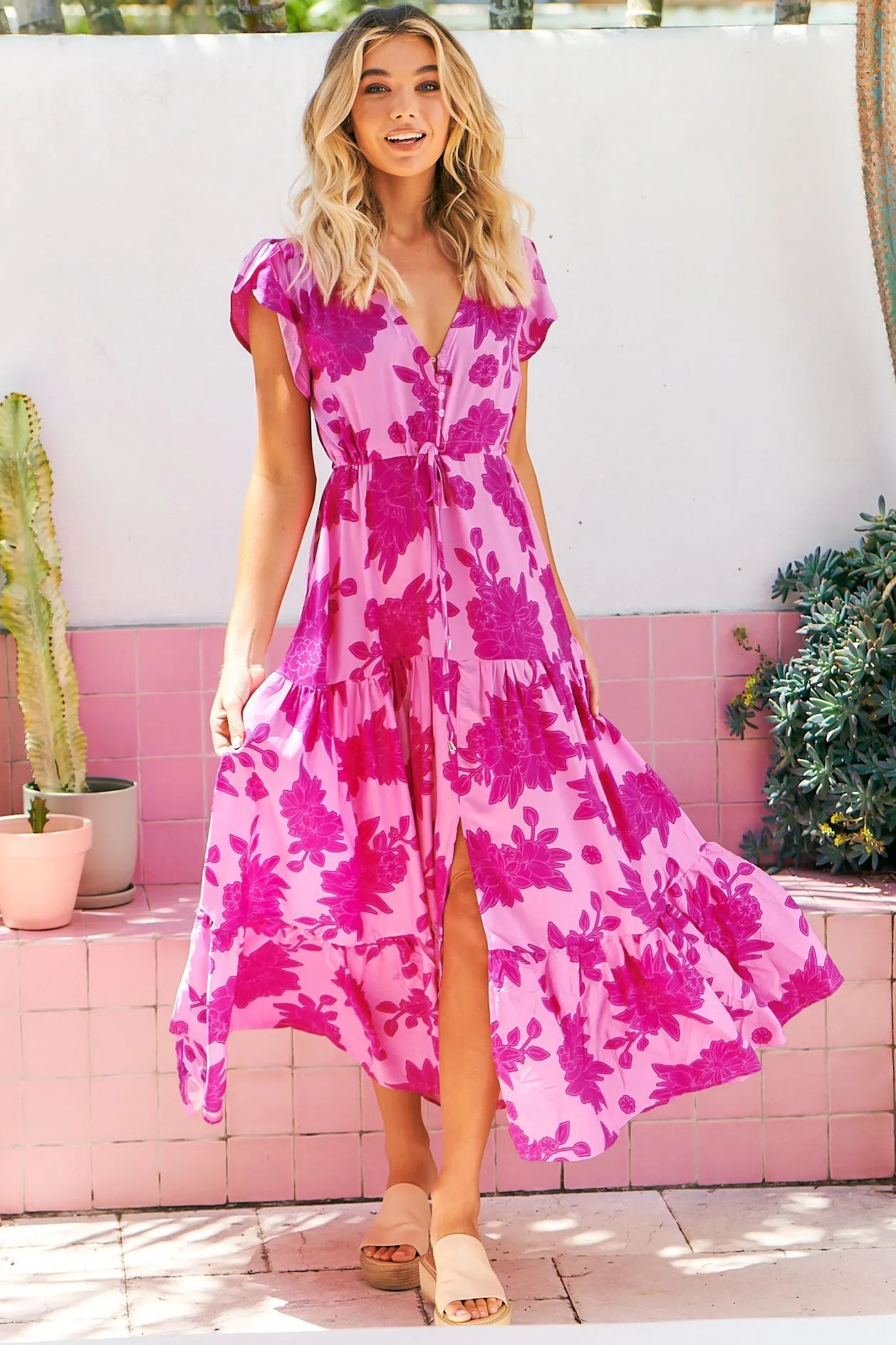 Melissa Maxi Dress - Pull Tie Waist Dress with Split in Valentine Print sold by Salty Crush