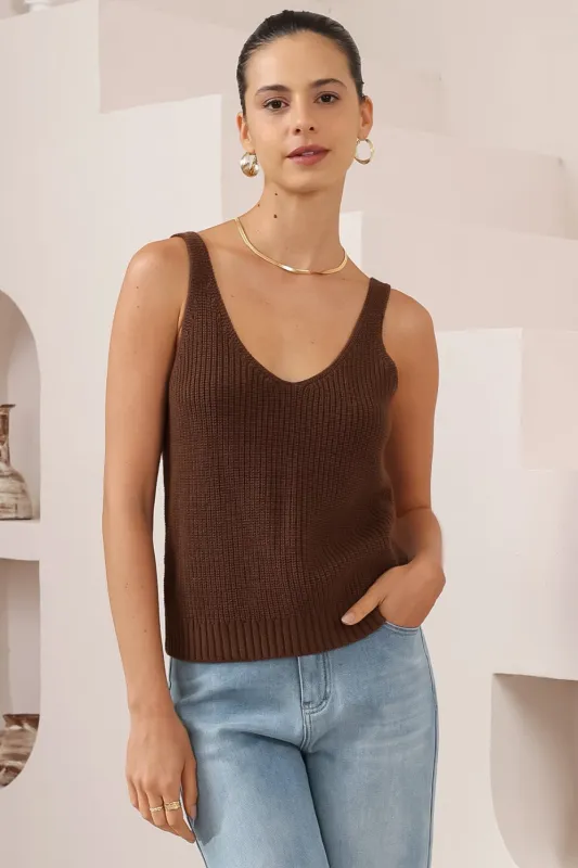 Costa Knit Top - V-Neck Tank Top in Chocolate sold by Salty Crush
