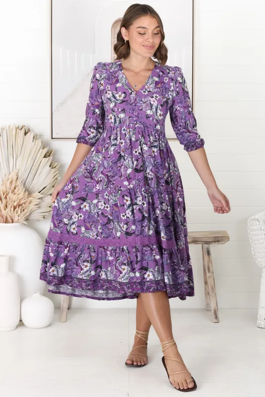 Cardinal Midi Dress - V-Neck Shift Dress with Lace Splicing and Optional Waist Tie in Rhodium Print sold by Salty Crush