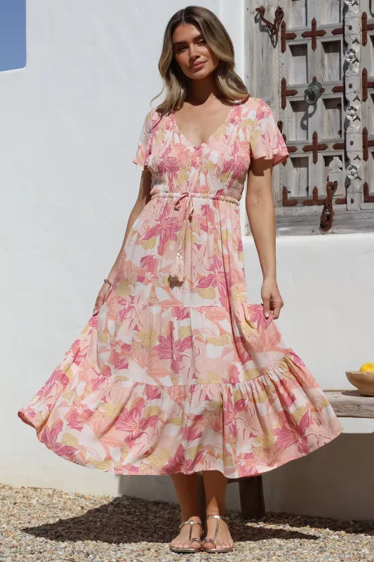 Amaya Midi Dress - Shirred Cap Sleeve A Line Dress in Lola Print sold by Salty Crush