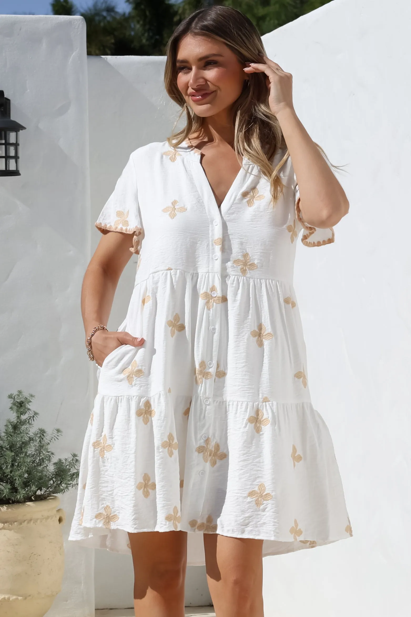 Wilma Mini Dress - Bermuda Collar Button Down Dress with Cap Sleeves in Gigi Print White sold by Salty Crush product image thumbnail 5