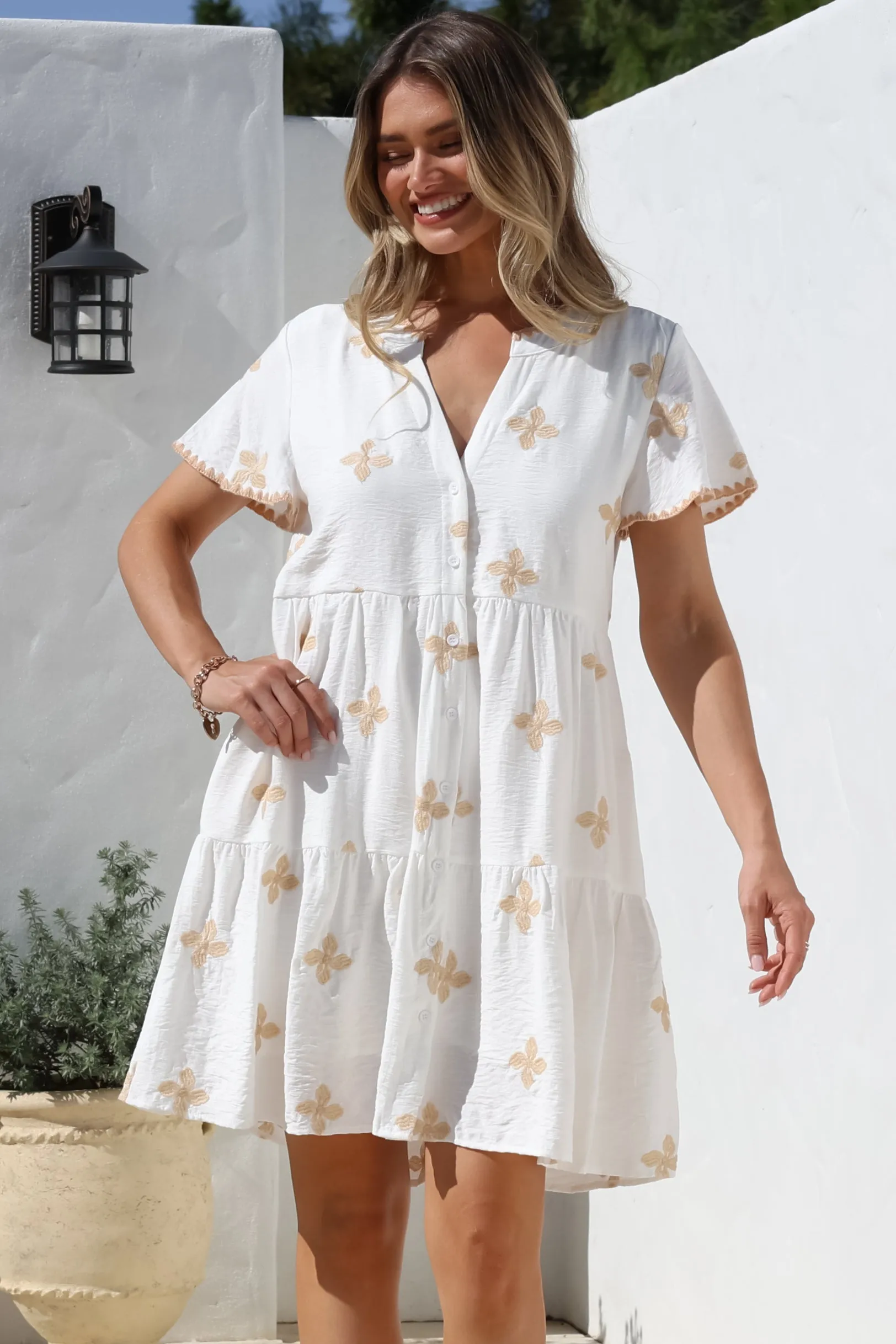 Wilma Mini Dress - Bermuda Collar Button Down Dress with Cap Sleeves in Gigi Print White sold by Salty Crush product image thumbnail 3