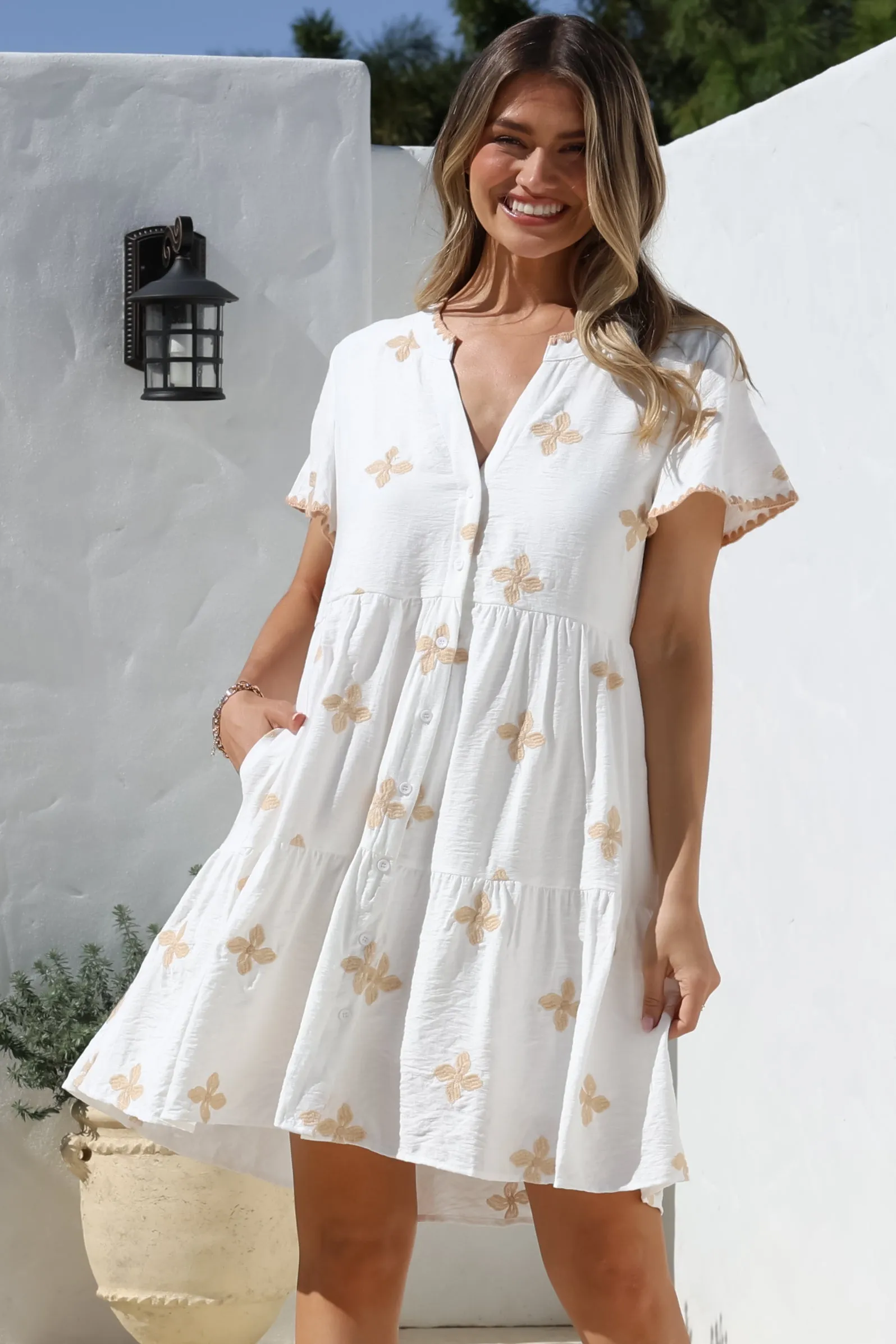 Wilma Mini Dress - Bermuda Collar Button Down Dress with Cap Sleeves in Gigi Print White sold by Salty Crush product image thumbnail 2