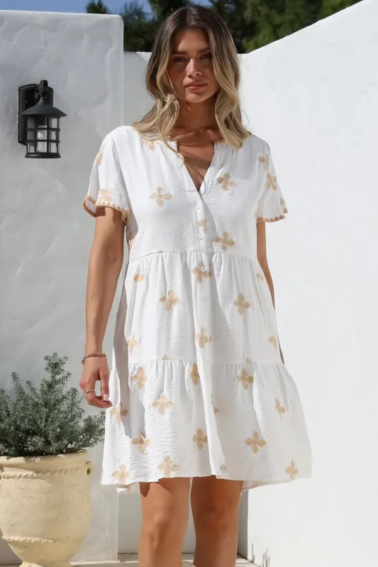 Wilma Mini Dress - Bermuda Collar Button Down Dress with Cap Sleeves in Gigi Print White sold by Salty Crush