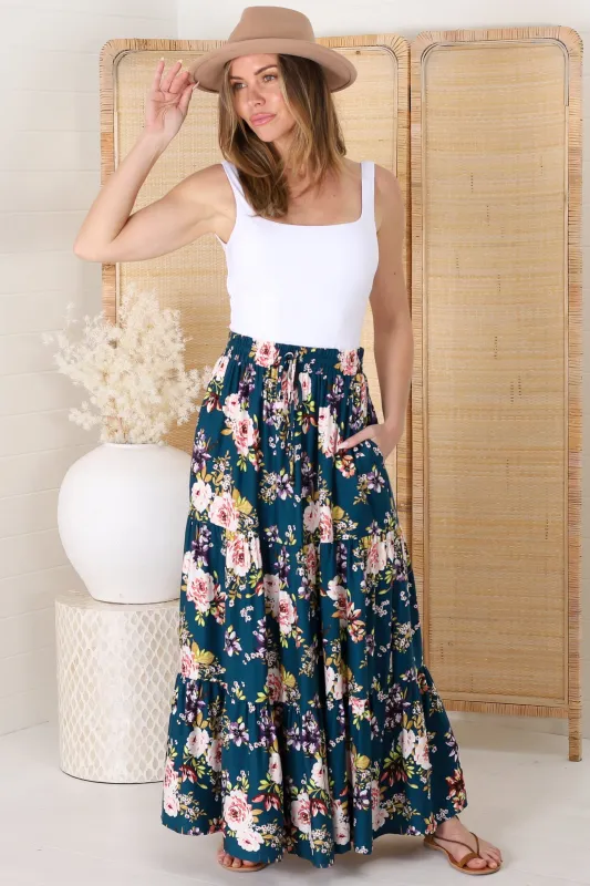 Lucien Maxi Skirt - High Waisted Tiered Skirt in Virginia Print Navy sold by Salty Crush