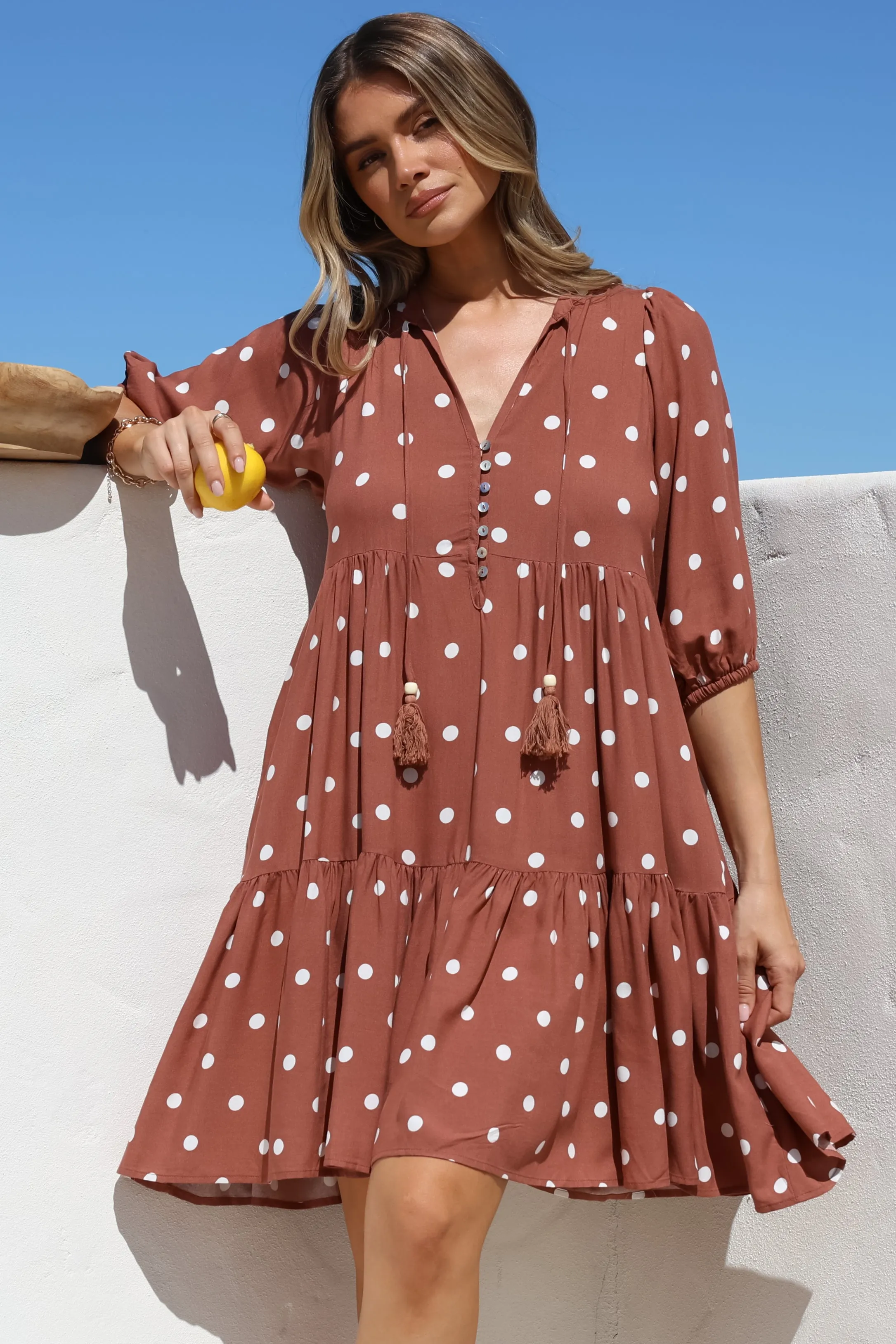 Marah Mini Dress - Mandarin Collar Short Sleeve with Tie Smock Dress in Parisian Polka Rust sold by Salty Crush product image thumbnail 2