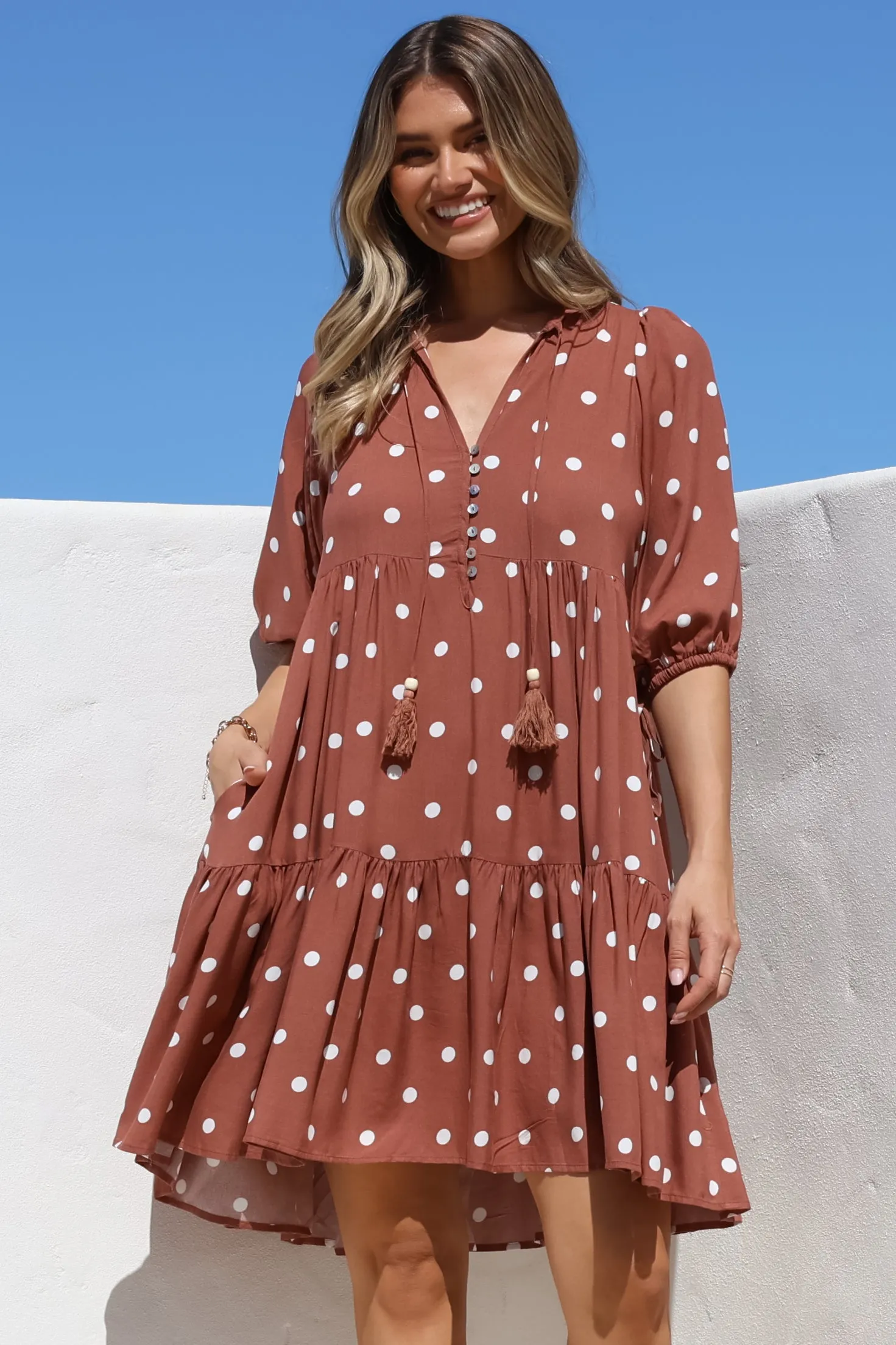 Marah Mini Dress - Mandarin Collar Short Sleeve with Tie Smock Dress in Parisian Polka Rust sold by Salty Crush