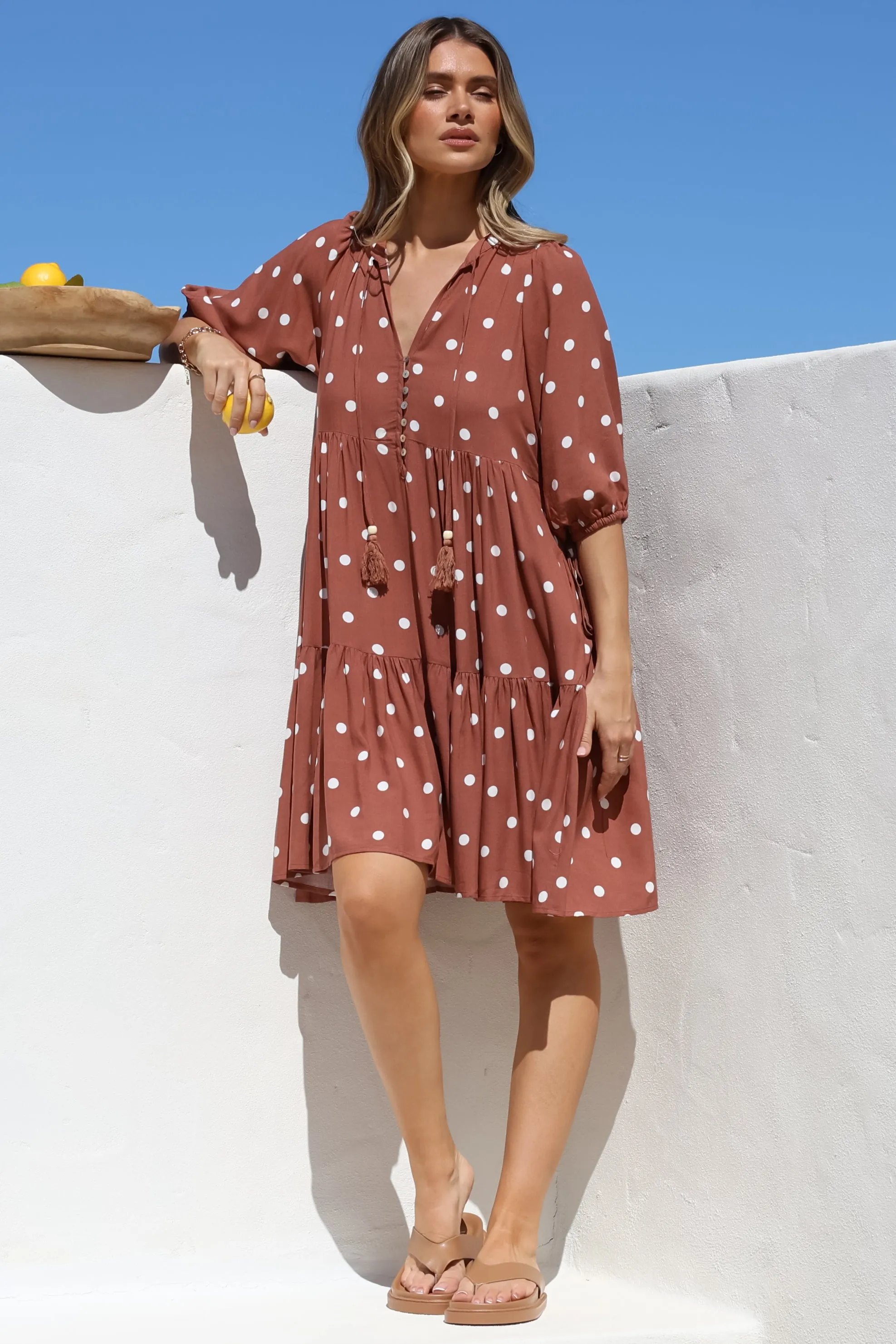Marah Mini Dress - Mandarin Collar Short Sleeve with Tie Smock Dress in Parisian Polka Rust sold by Salty Crush product image thumbnail 4