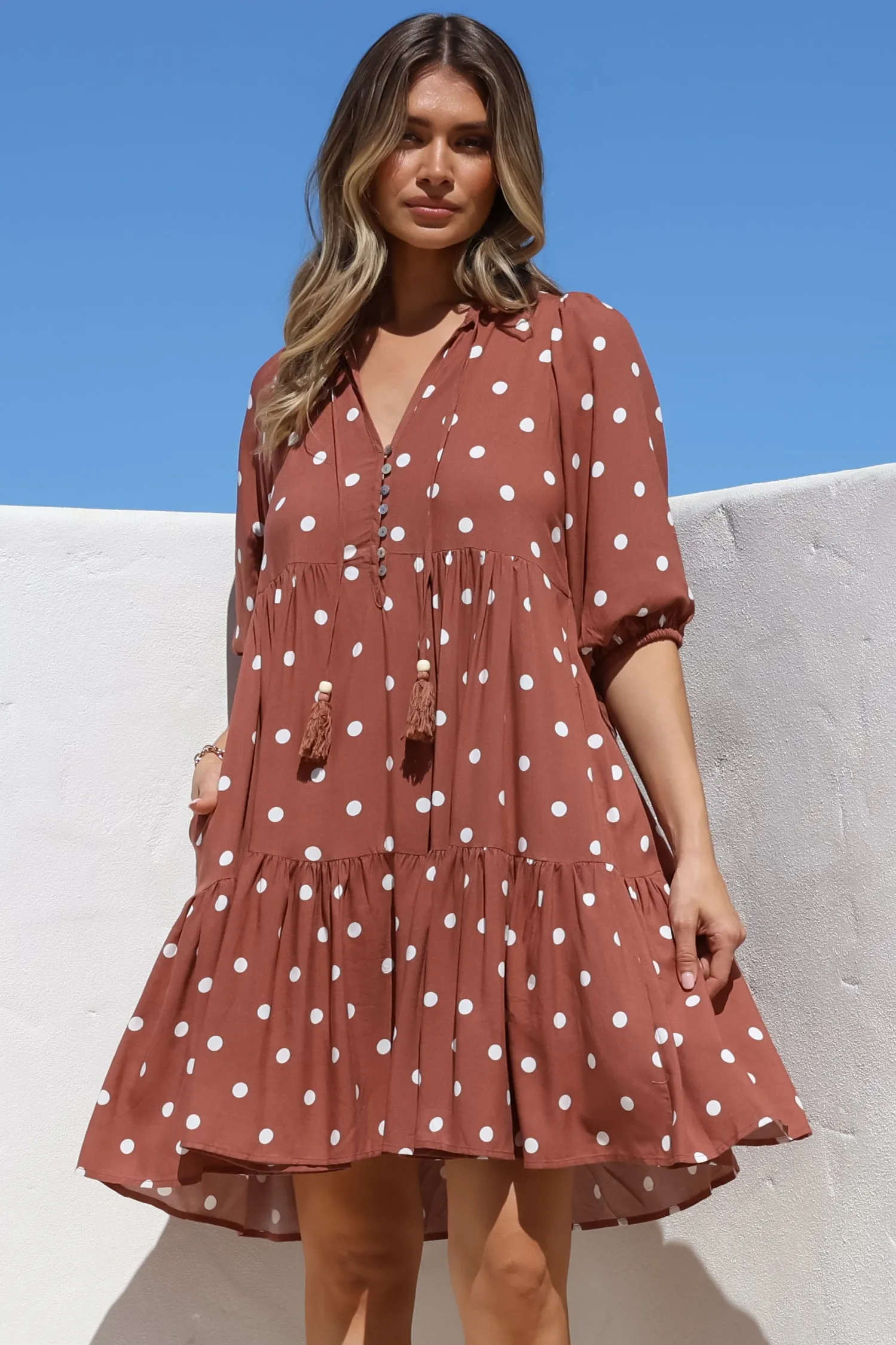 Marah Mini Dress - Mandarin Collar Short Sleeve with Tie Smock Dress in Parisian Polka Rust sold by Salty Crush product image thumbnail 3