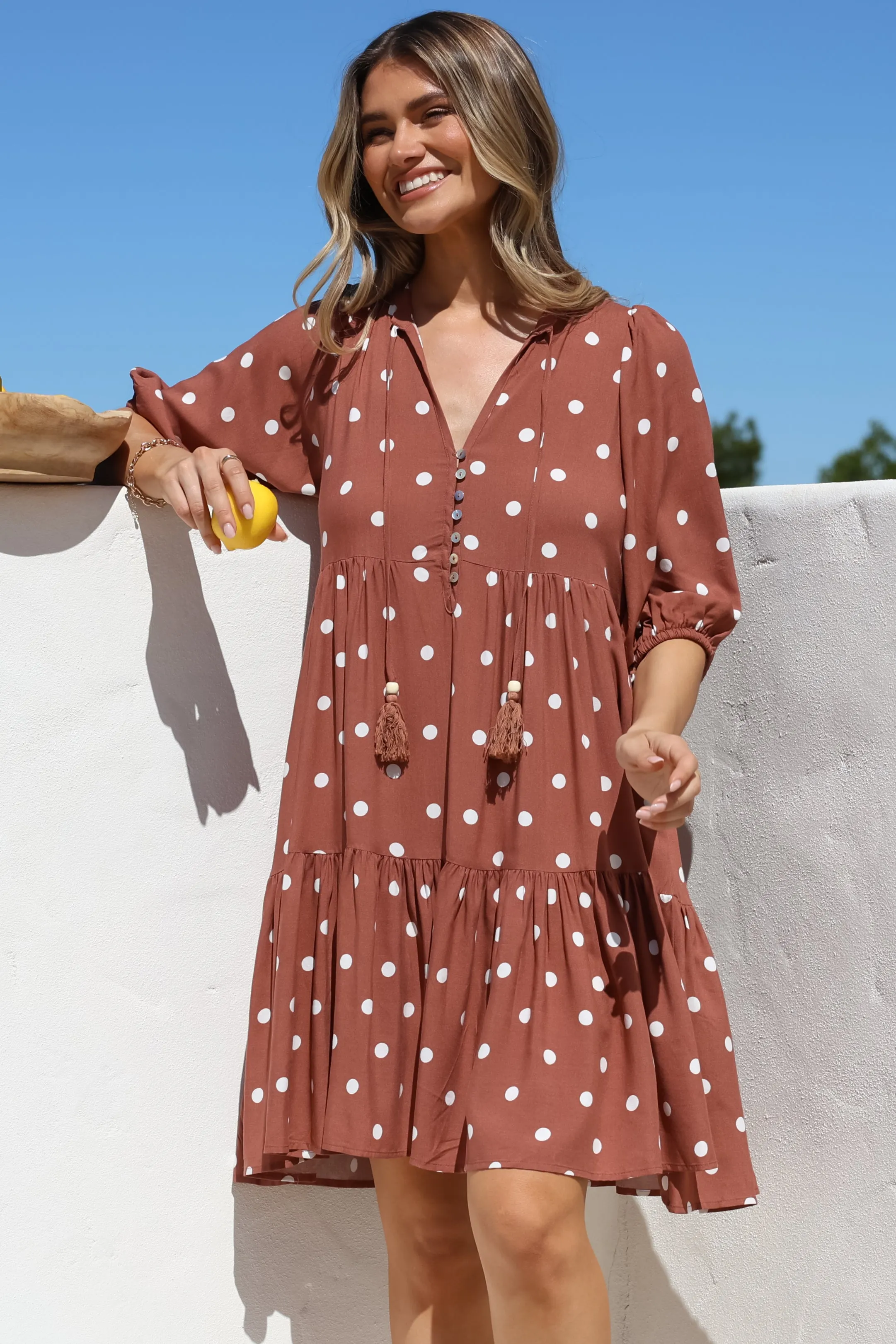 Marah Mini Dress - Mandarin Collar Short Sleeve with Tie Smock Dress in Parisian Polka Rust sold by Salty Crush product image thumbnail 5
