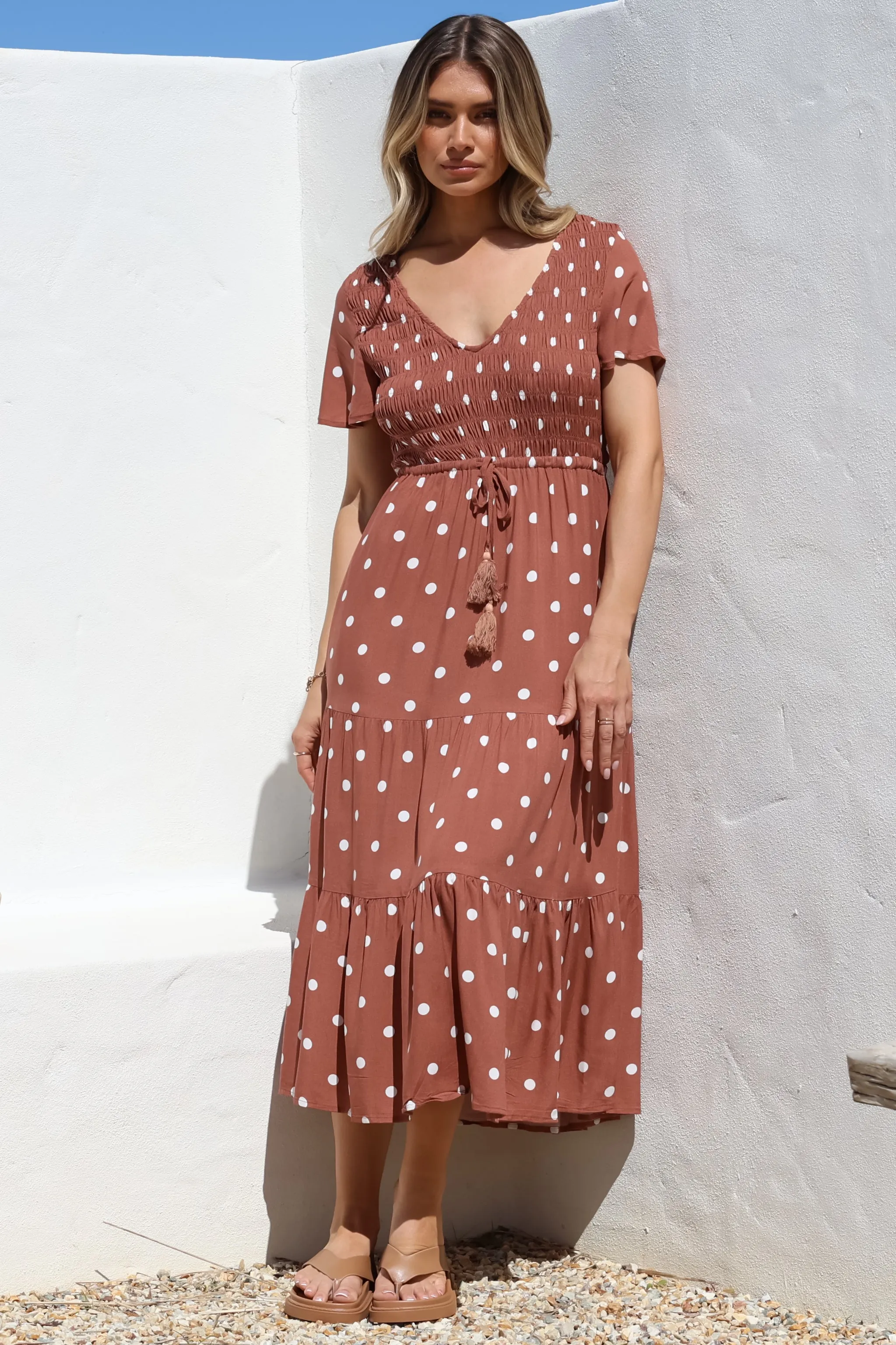 Amaya Midi Dress - Shirred Cap Sleeve A Line Dress in Parisian Polka Rust sold by Salty Crush