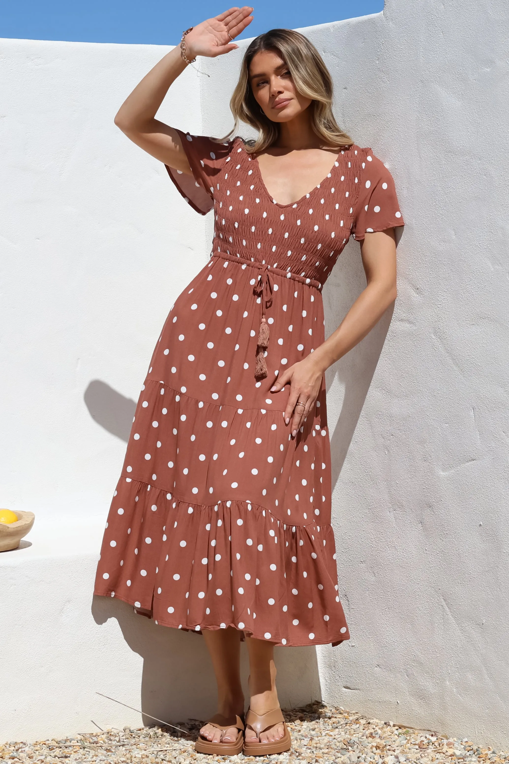 Amaya Midi Dress - Shirred Cap Sleeve A Line Dress in Parisian Polka Rust sold by Salty Crush product image thumbnail 3