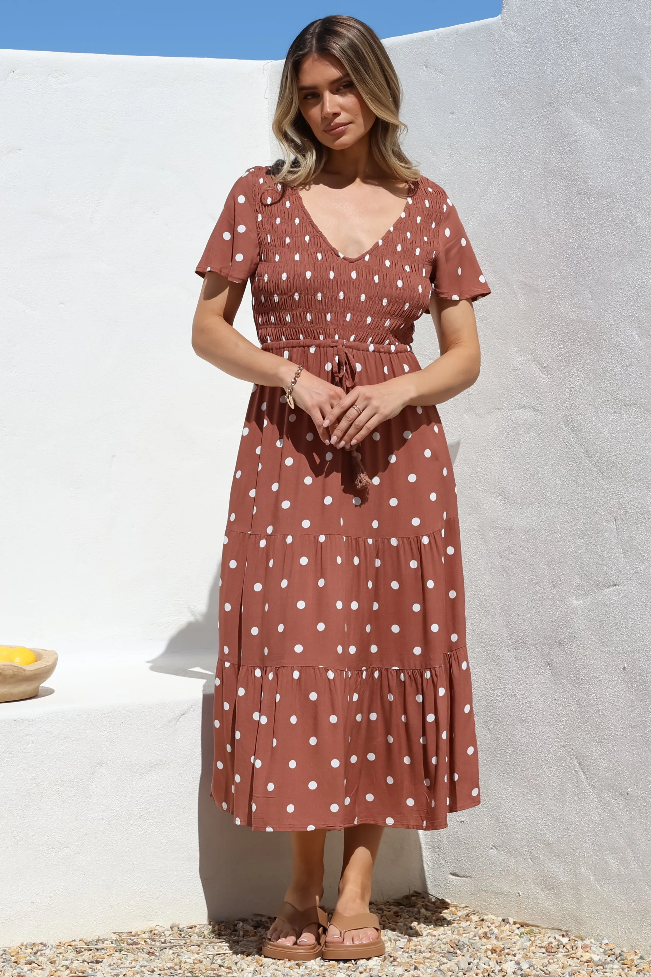 Amaya Midi Dress - Shirred Cap Sleeve A Line Dress in Parisian Polka Rust sold by Salty Crush product image thumbnail 4