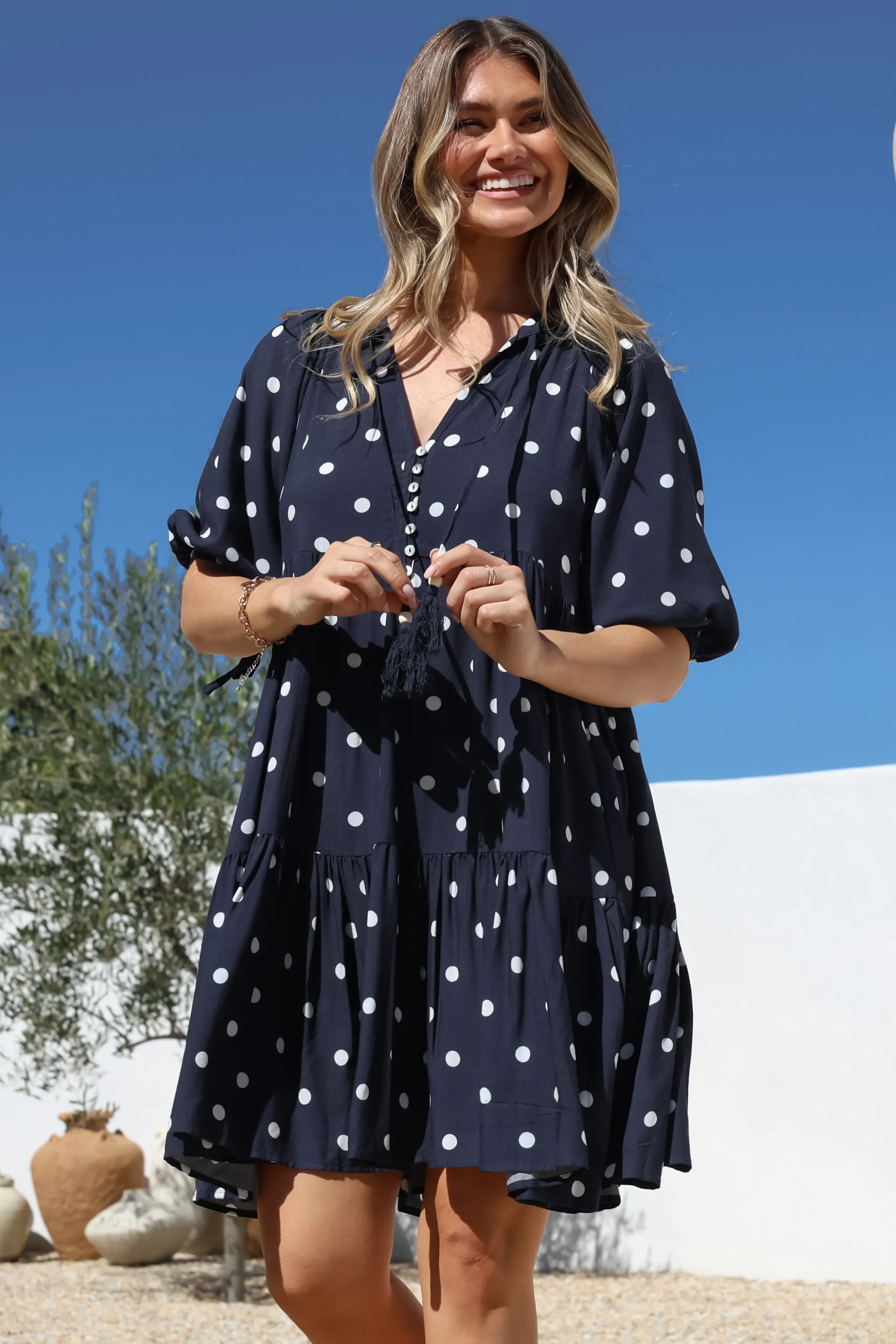 Marah Mini Dress - Mandarin Collar Short Sleeve with Tie Smock Dress in Parisian Polka Navy sold by Salty Crush product image thumbnail 3