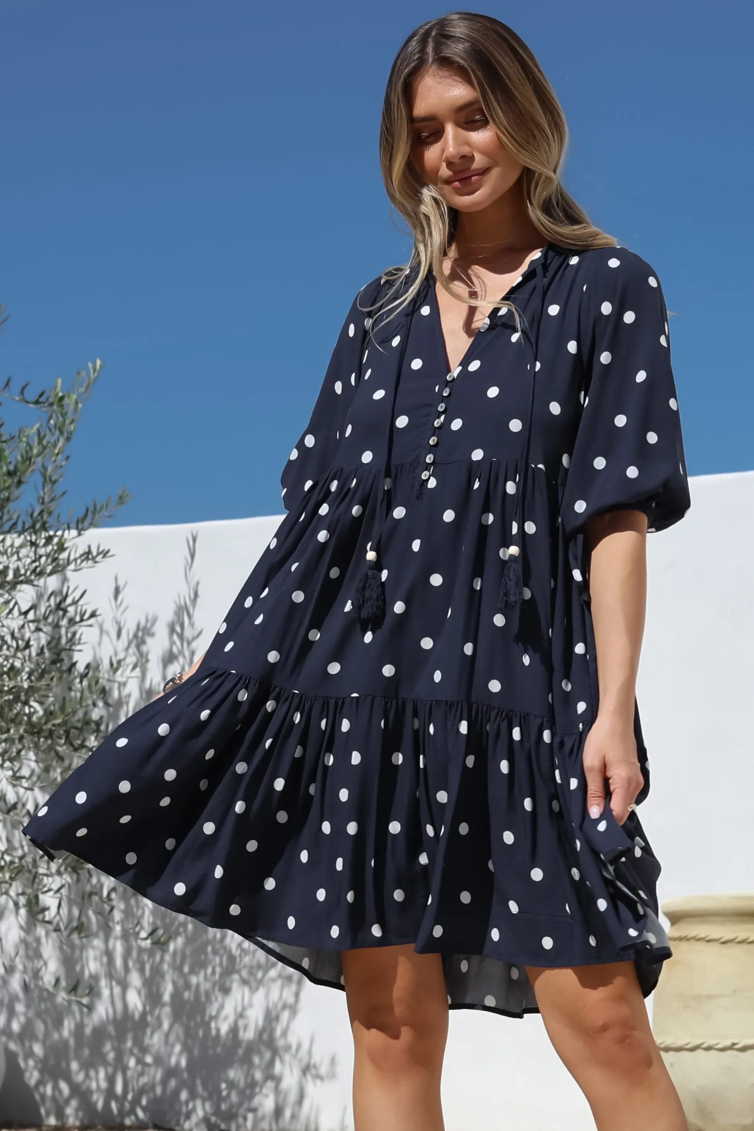 Marah Mini Dress - Mandarin Collar Short Sleeve with Tie Smock Dress in Parisian Polka Navy sold by Salty Crush product image thumbnail 4