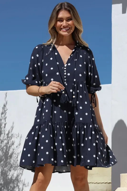 Marah Mini Dress - Mandarin Collar Short Sleeve with Tie Smock Dress in Parisian Polka Navy sold by Salty Crush