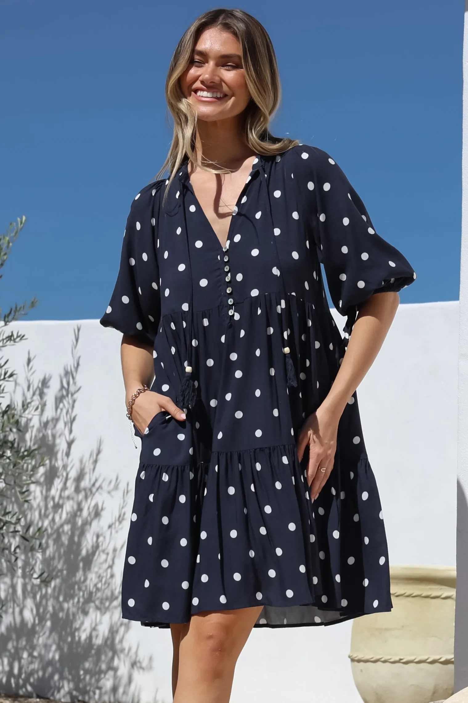 Marah Mini Dress - Mandarin Collar Short Sleeve with Tie Smock Dress in Parisian Polka Navy sold by Salty Crush product image thumbnail 2