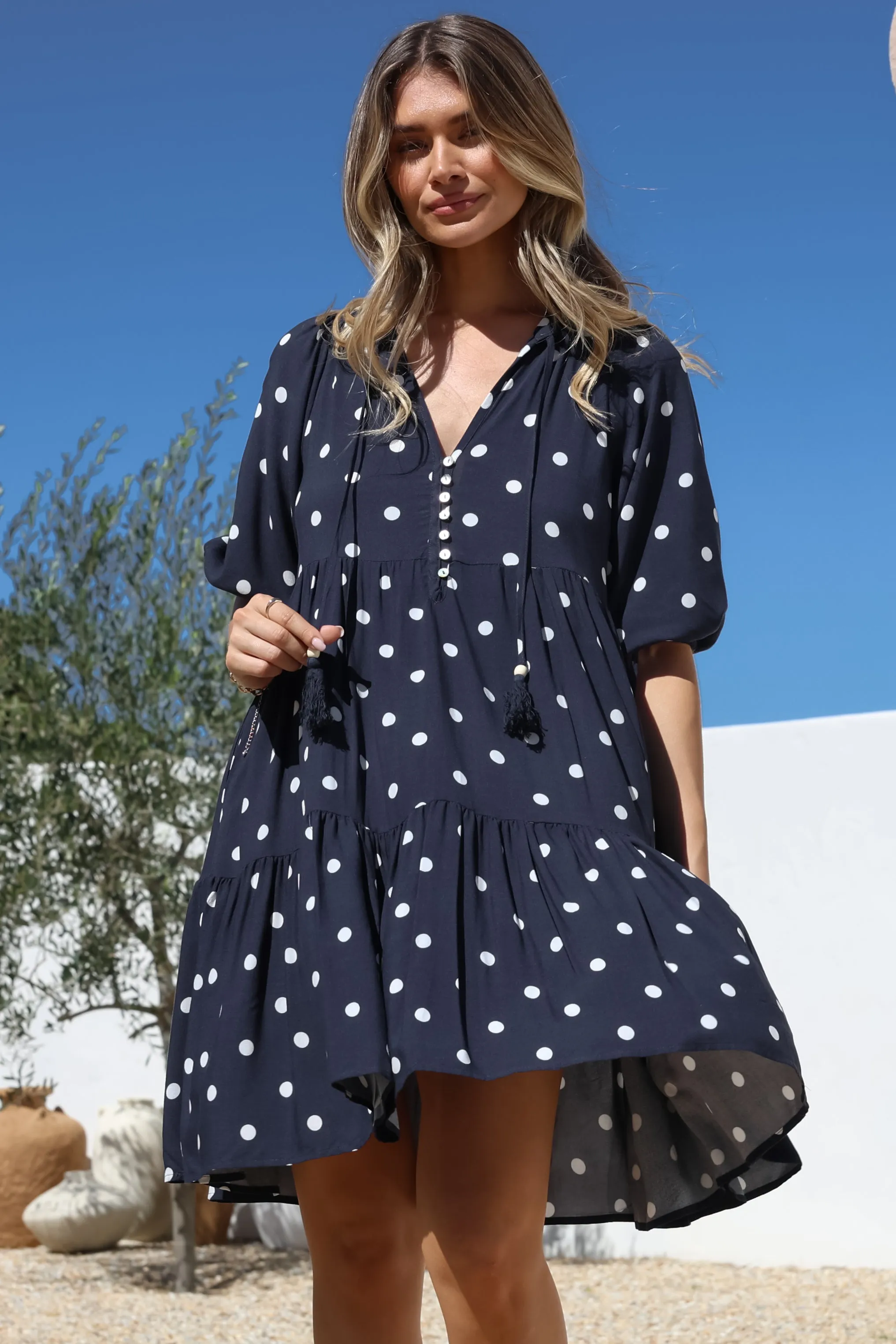 Marah Mini Dress - Mandarin Collar Short Sleeve with Tie Smock Dress in Parisian Polka Navy sold by Salty Crush product image thumbnail 5