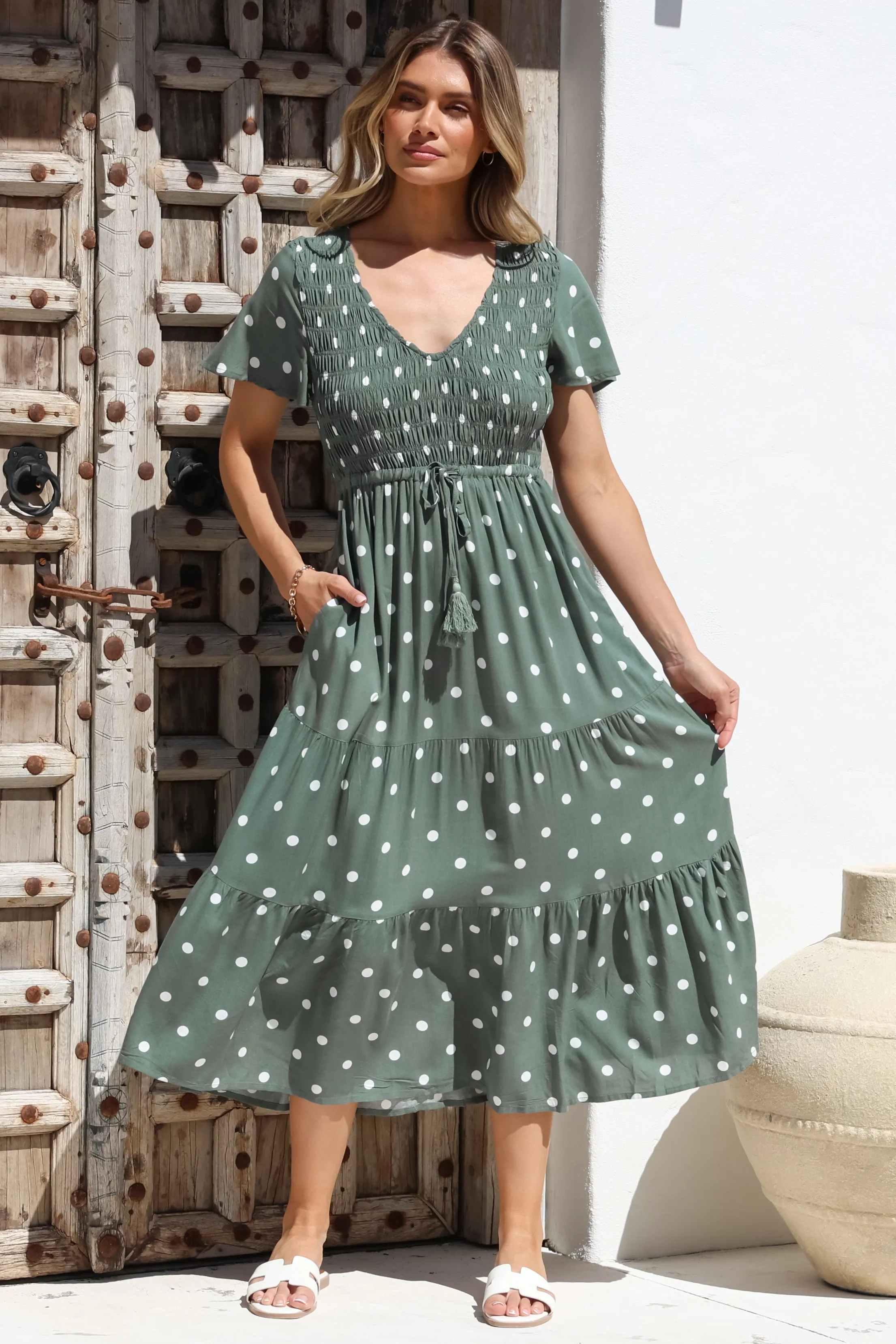 Amaya Midi Dress - Shirred Cap Sleeve A Line Dress in Parisian Polka Khaki sold by Salty Crush product image thumbnail 3