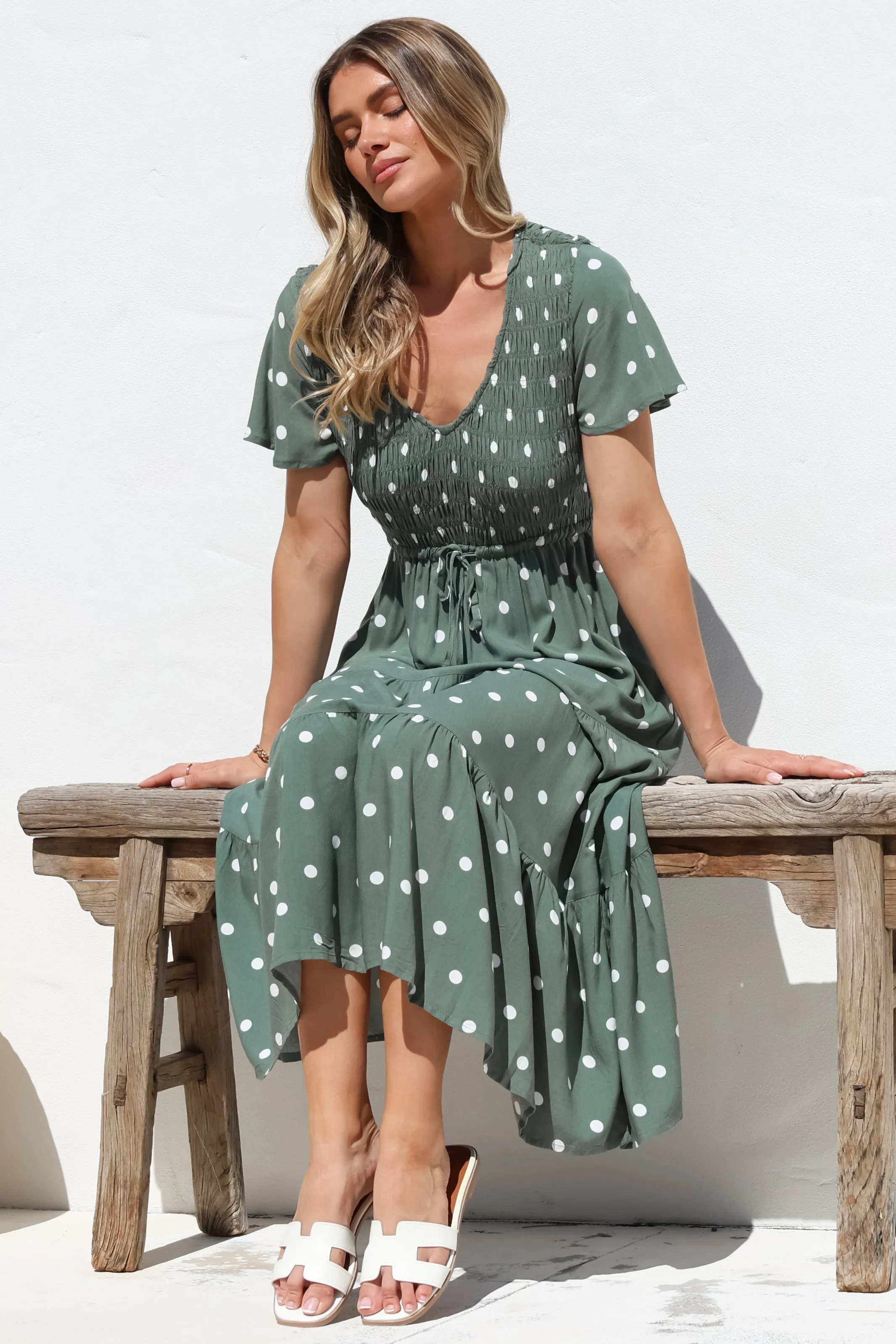 Amaya Midi Dress - Shirred Cap Sleeve A Line Dress in Parisian Polka Khaki sold by Salty Crush product image thumbnail 2