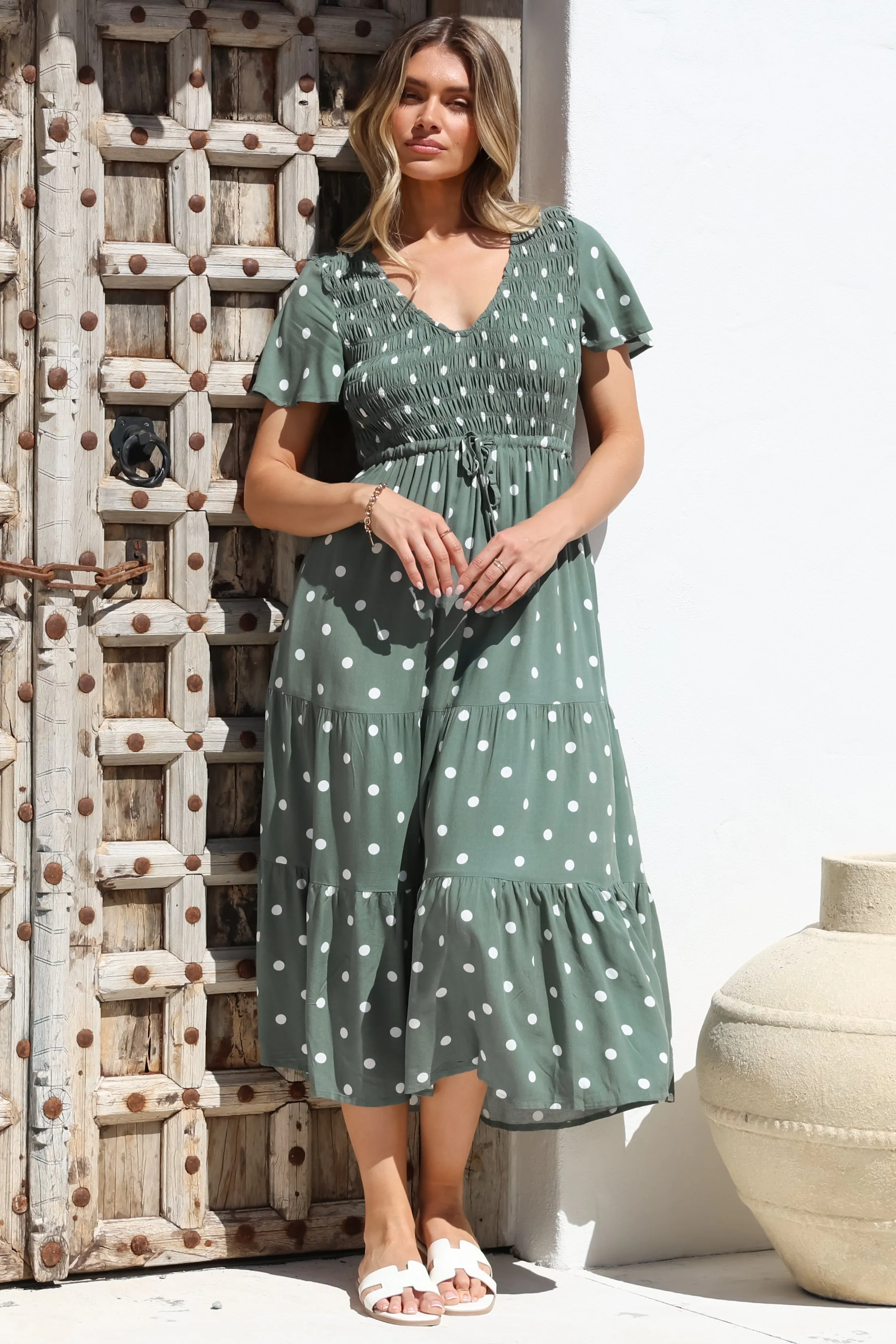 Amaya Midi Dress - Shirred Cap Sleeve A Line Dress in Parisian Polka Khaki sold by Salty Crush