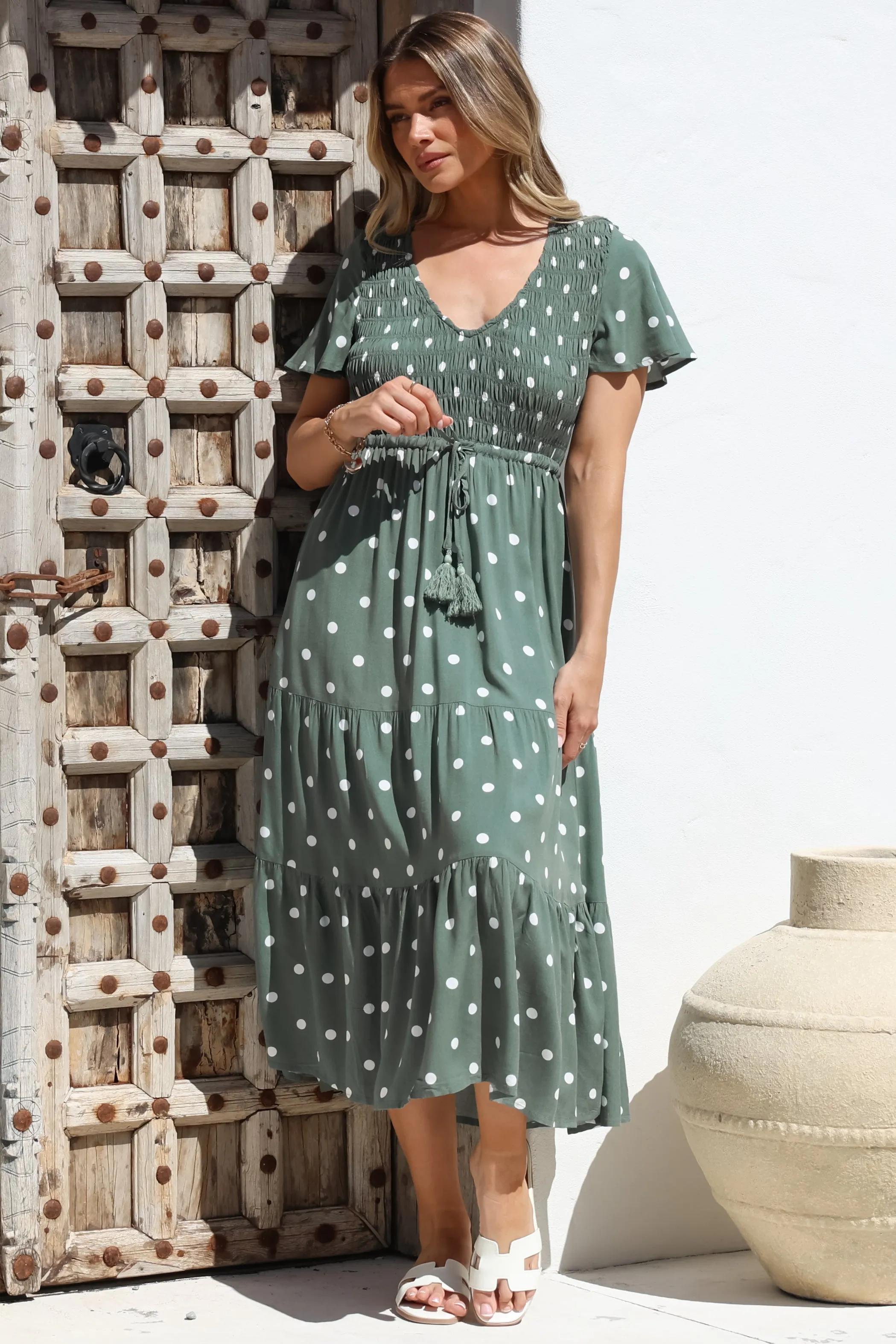 Amaya Midi Dress - Shirred Cap Sleeve A Line Dress in Parisian Polka Khaki sold by Salty Crush product image thumbnail 4