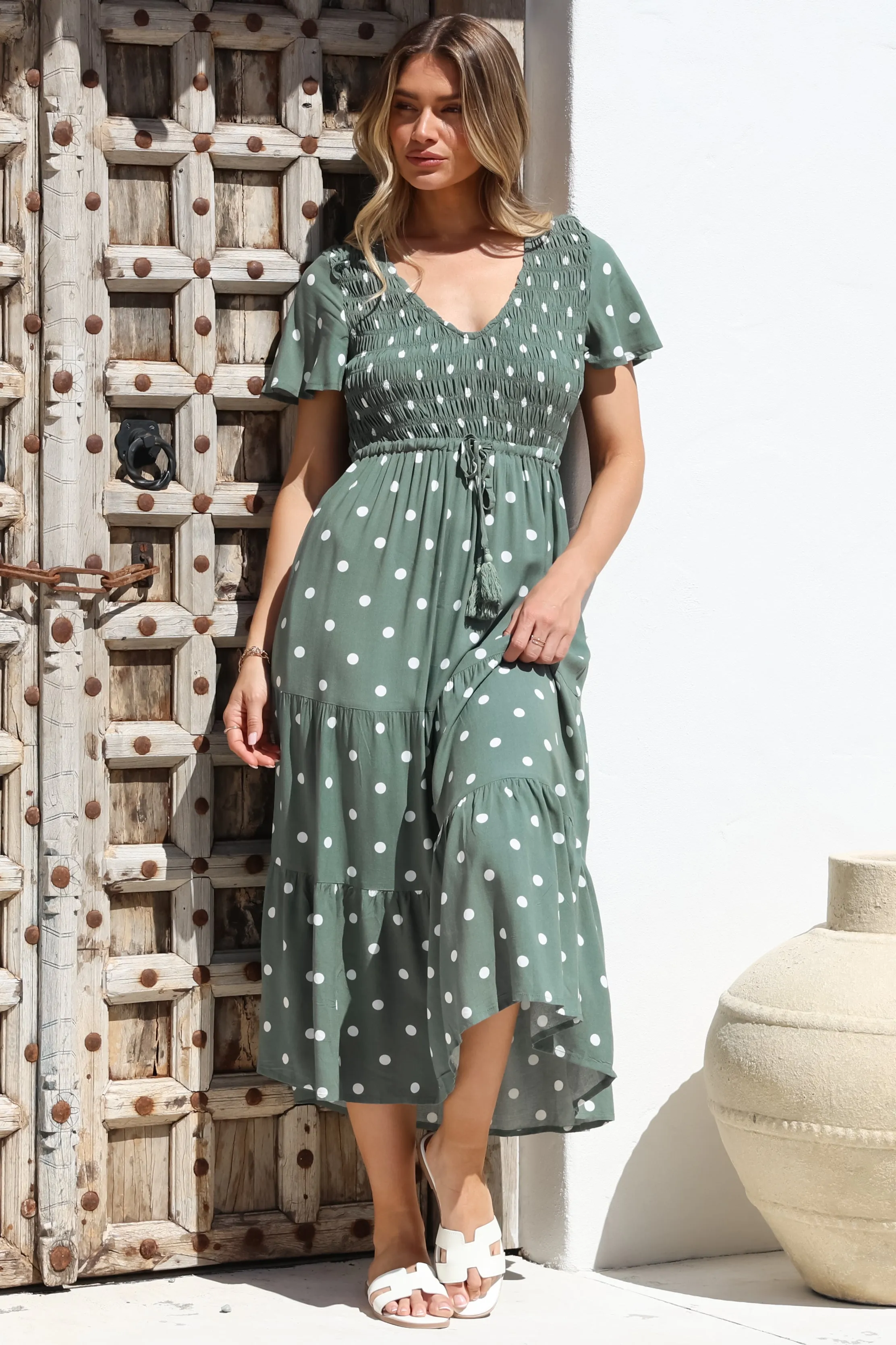 Amaya Midi Dress - Shirred Cap Sleeve A Line Dress in Parisian Polka Khaki sold by Salty Crush product image thumbnail 5