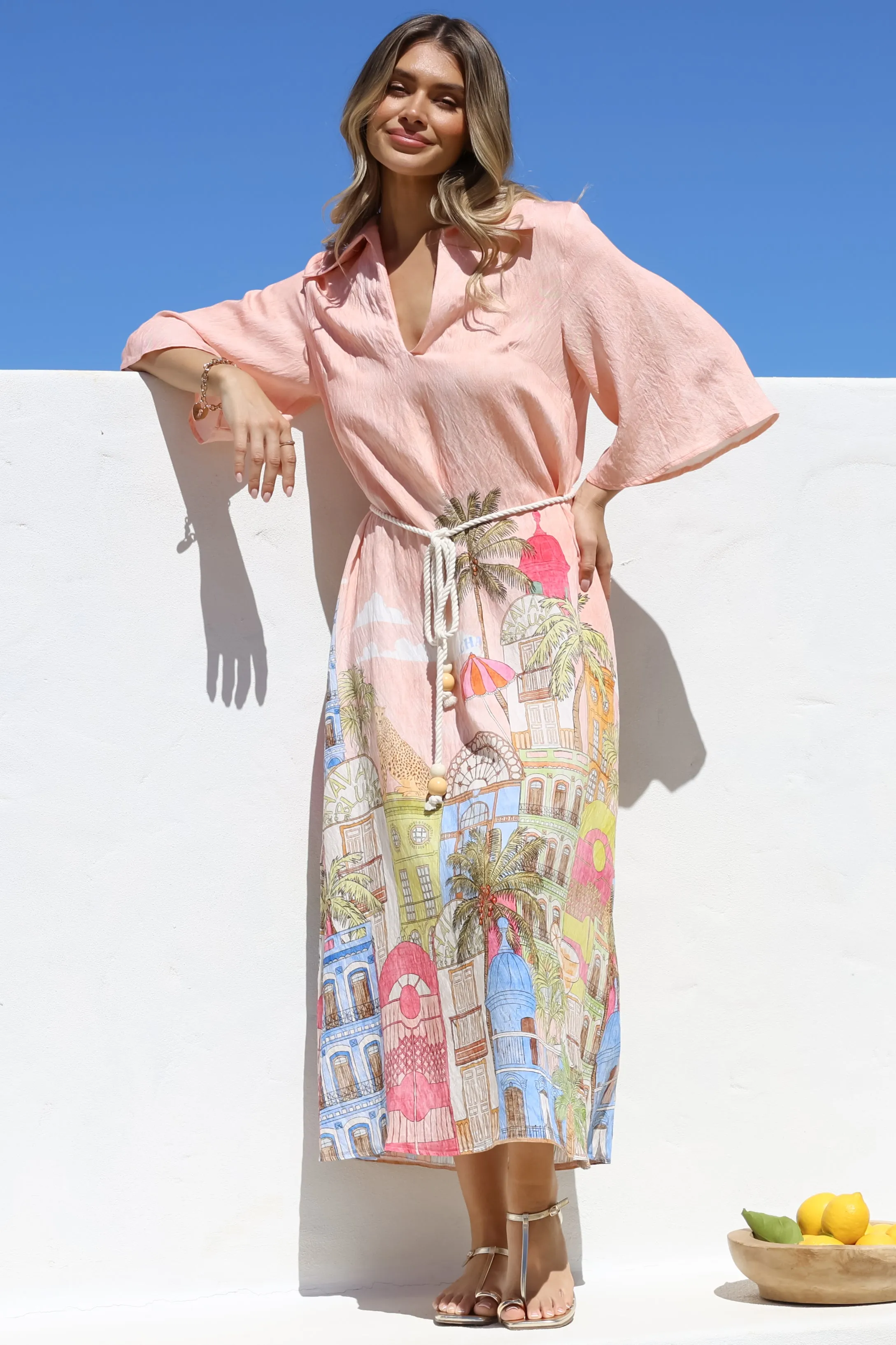 Maisy Midi Dress - Collared Shift Dress with Robe Belt and Bell Sleeves in Tullia Print sold by Salty Crush