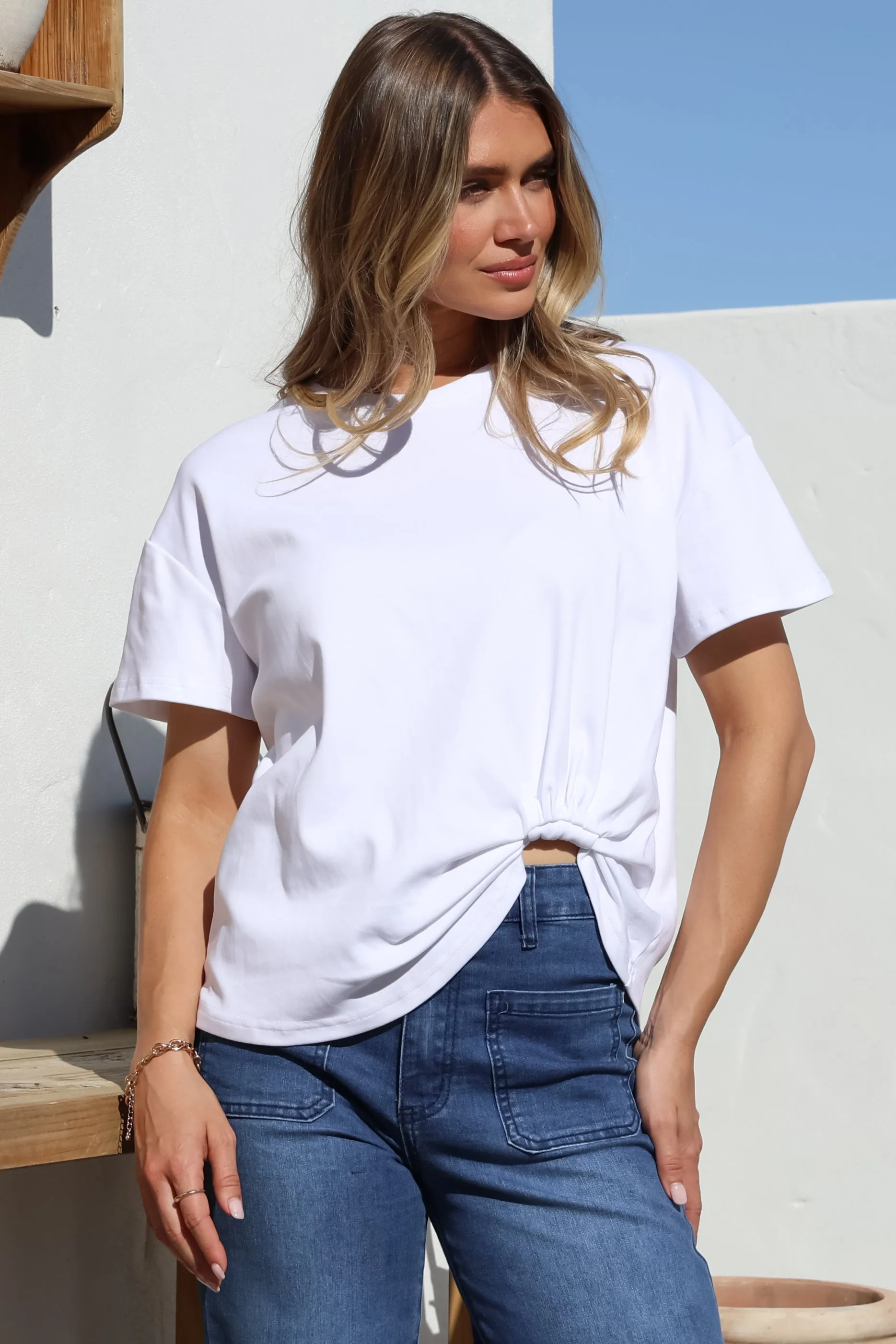 Tuck T-Shirt - Round Neckline Cotton Tee with Gathered Front Detail in White sold by Salty Crush product image thumbnail 3