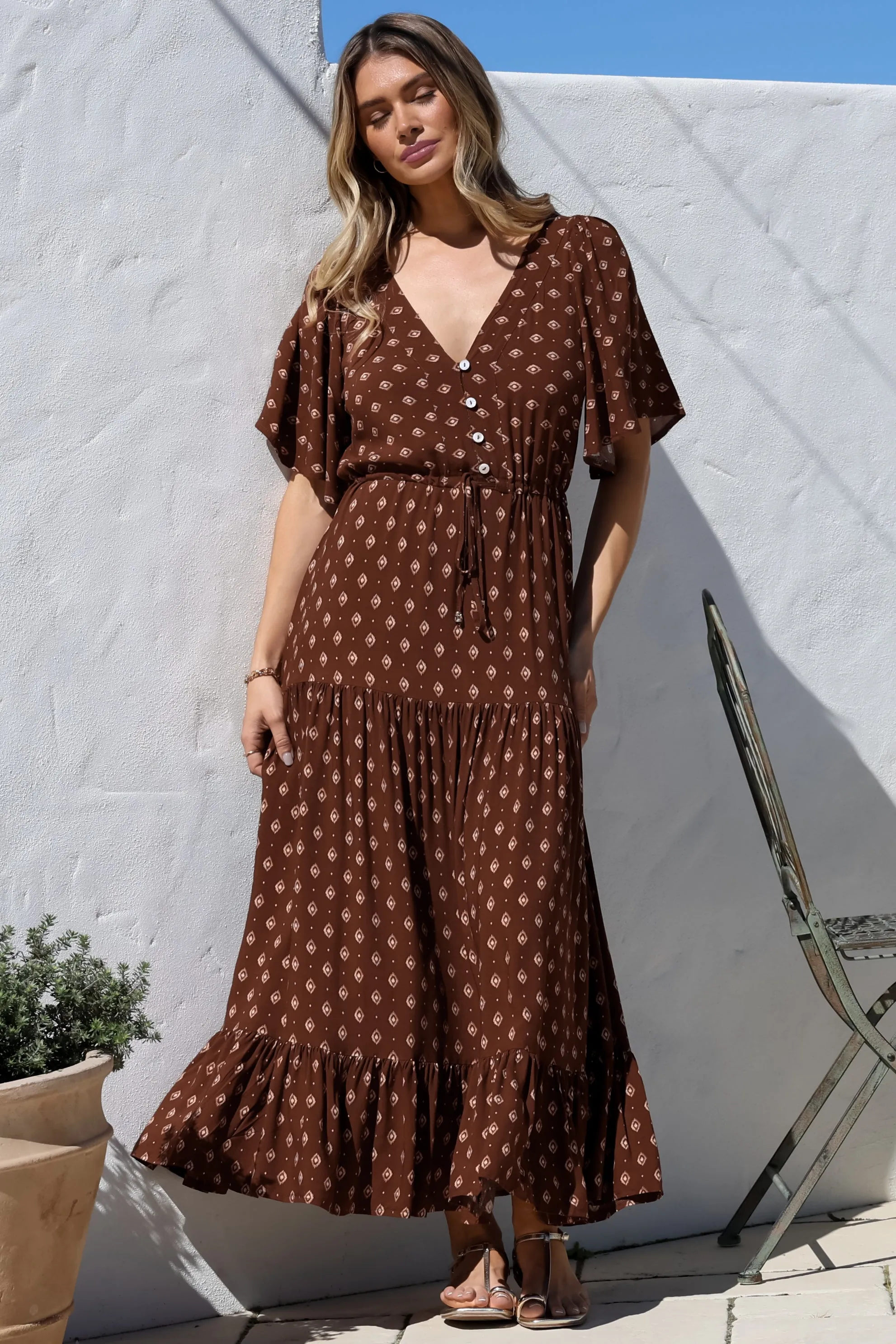 Tassia Maxi Dress - Buttoned Bodice Pull Tie Waist Dress in Kendy Print sold by Salty Crush product image thumbnail 5