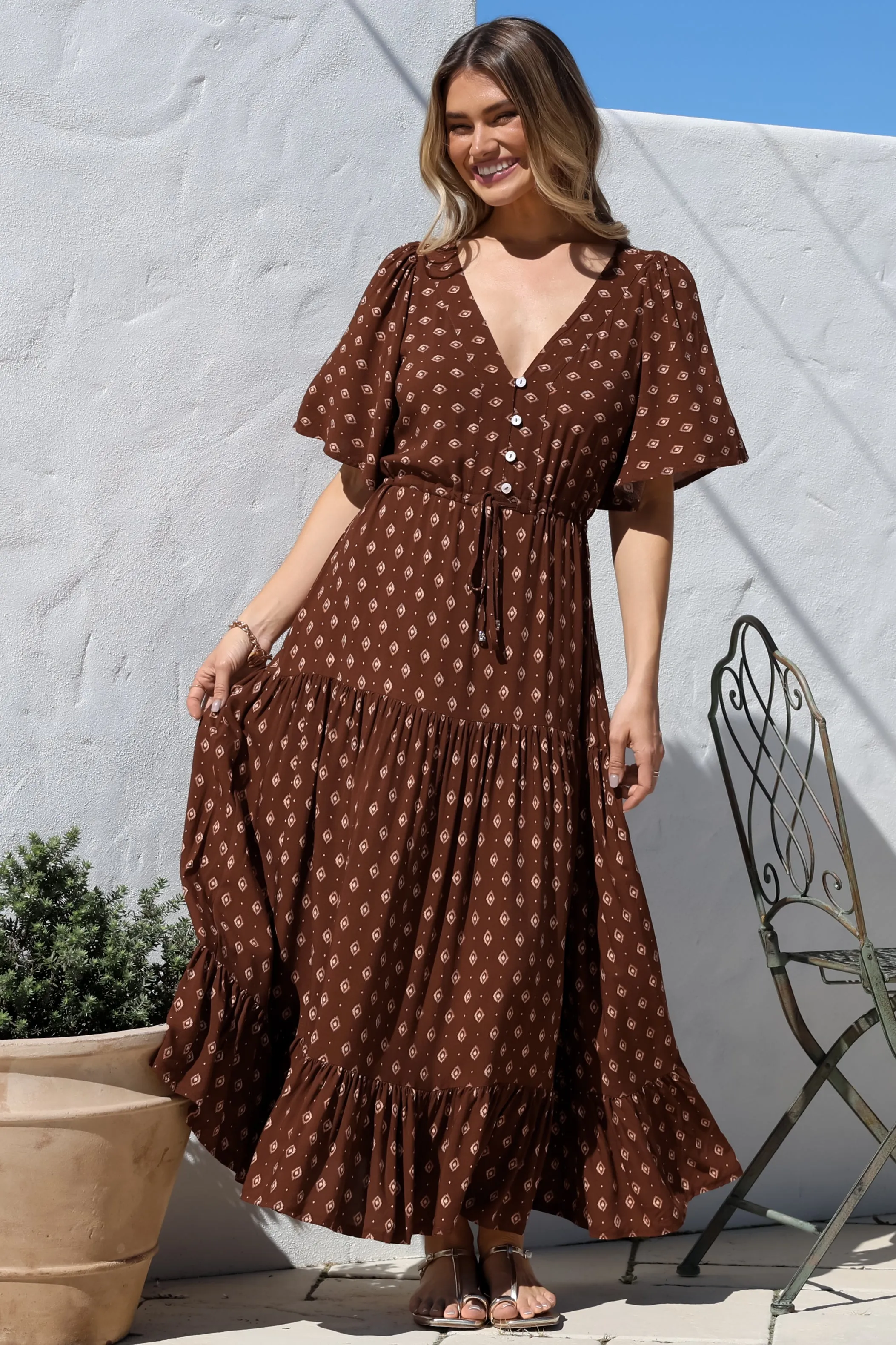 Tassia Maxi Dress - Buttoned Bodice Pull Tie Waist Dress in Kendy Print sold by Salty Crush product image thumbnail 2