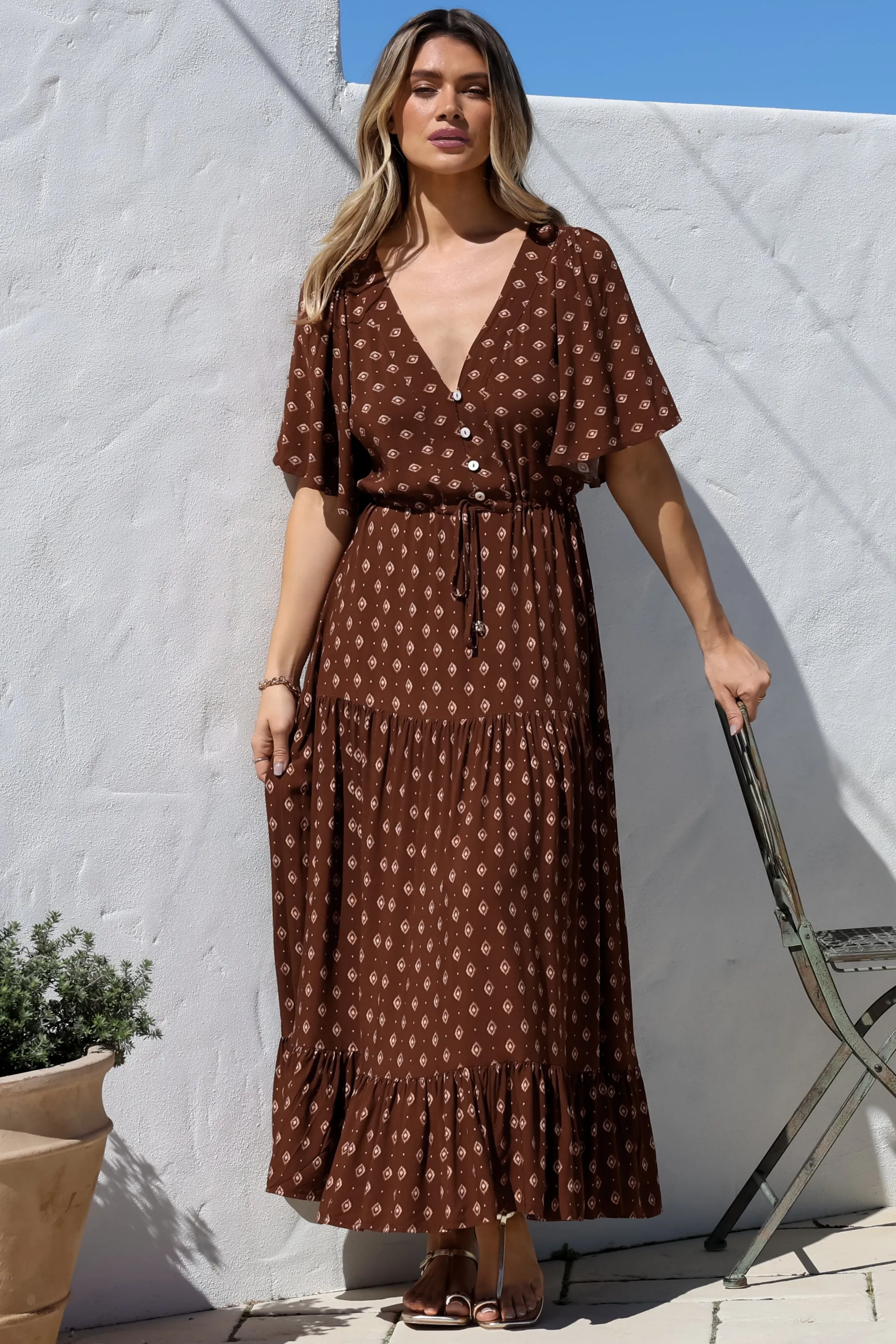 Tassia Maxi Dress - Buttoned Bodice Pull Tie Waist Dress in Kendy Print sold by Salty Crush