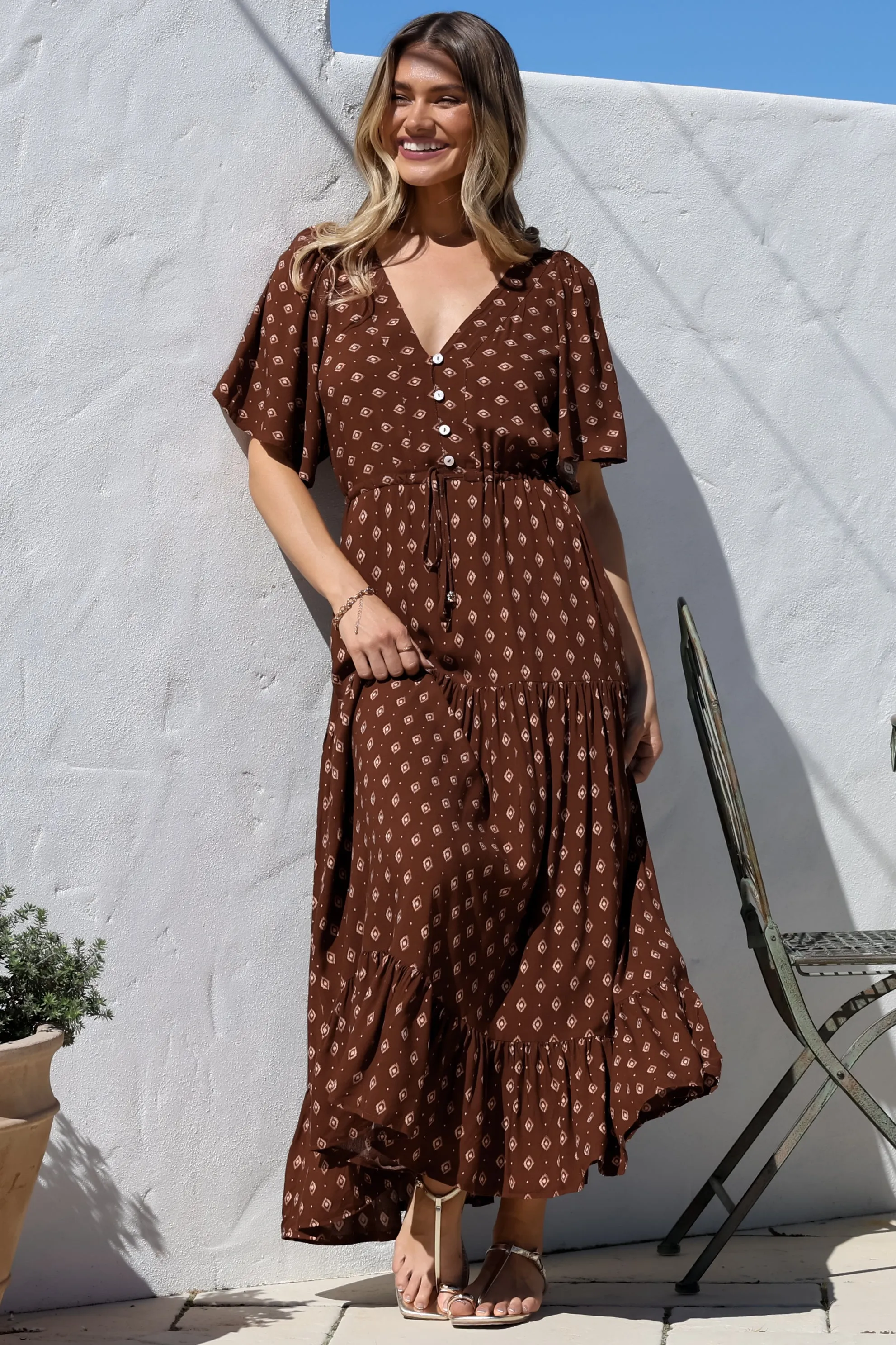 Tassia Maxi Dress - Buttoned Bodice Pull Tie Waist Dress in Kendy Print sold by Salty Crush product image thumbnail 4