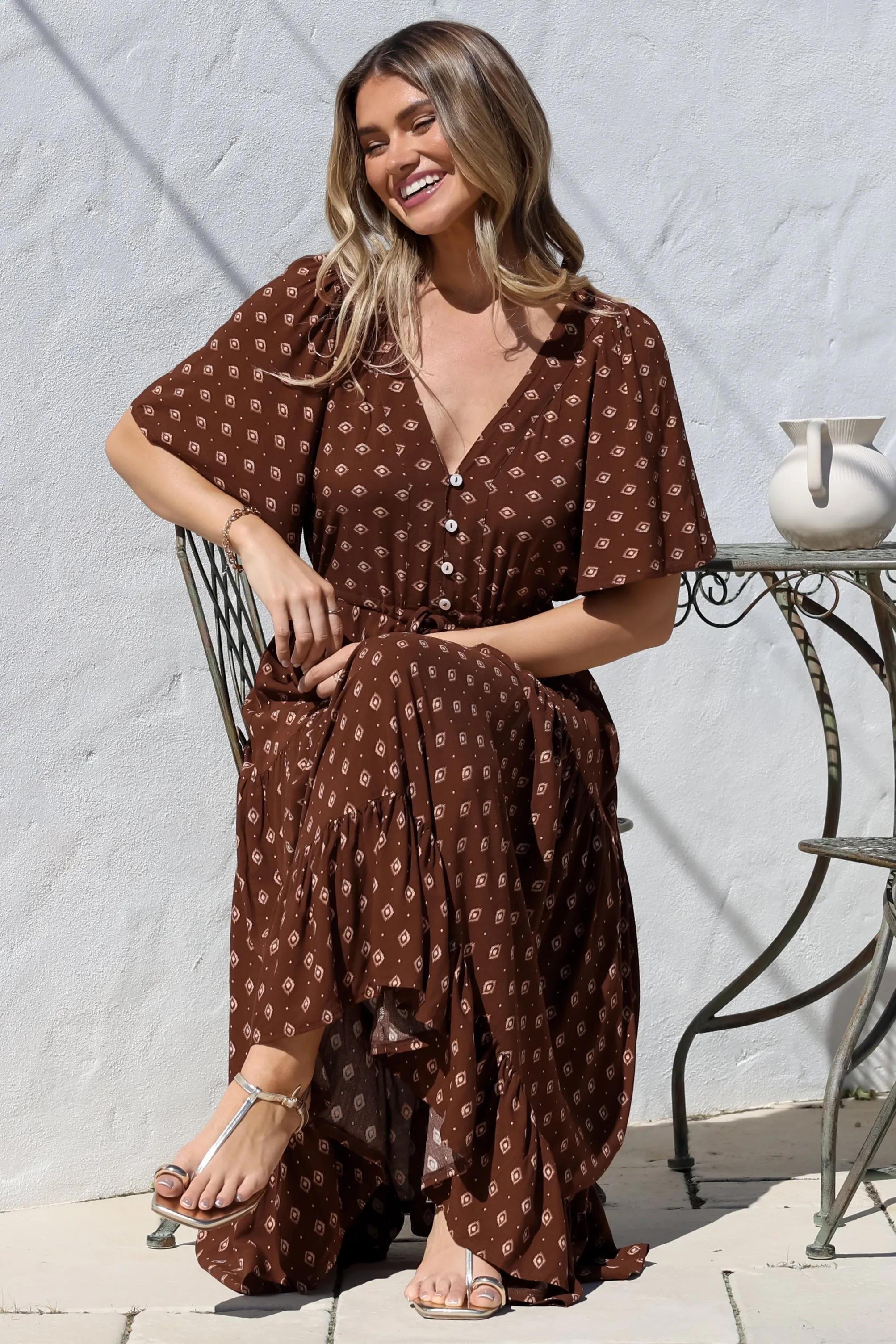 Tassia Maxi Dress - Buttoned Bodice Pull Tie Waist Dress in Kendy Print sold by Salty Crush product image thumbnail 3