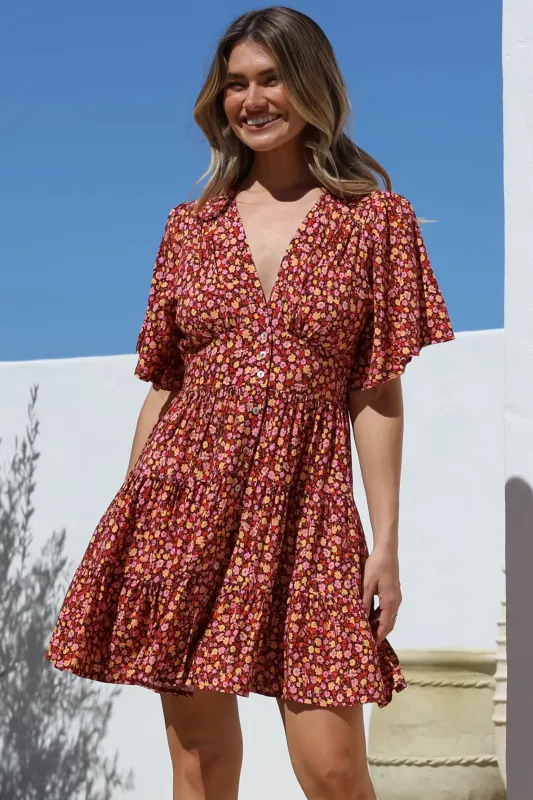 Sana Mini Dress - Bell Sleeve Button Down V Neck Dress in Rosina Print sold by Salty Crush