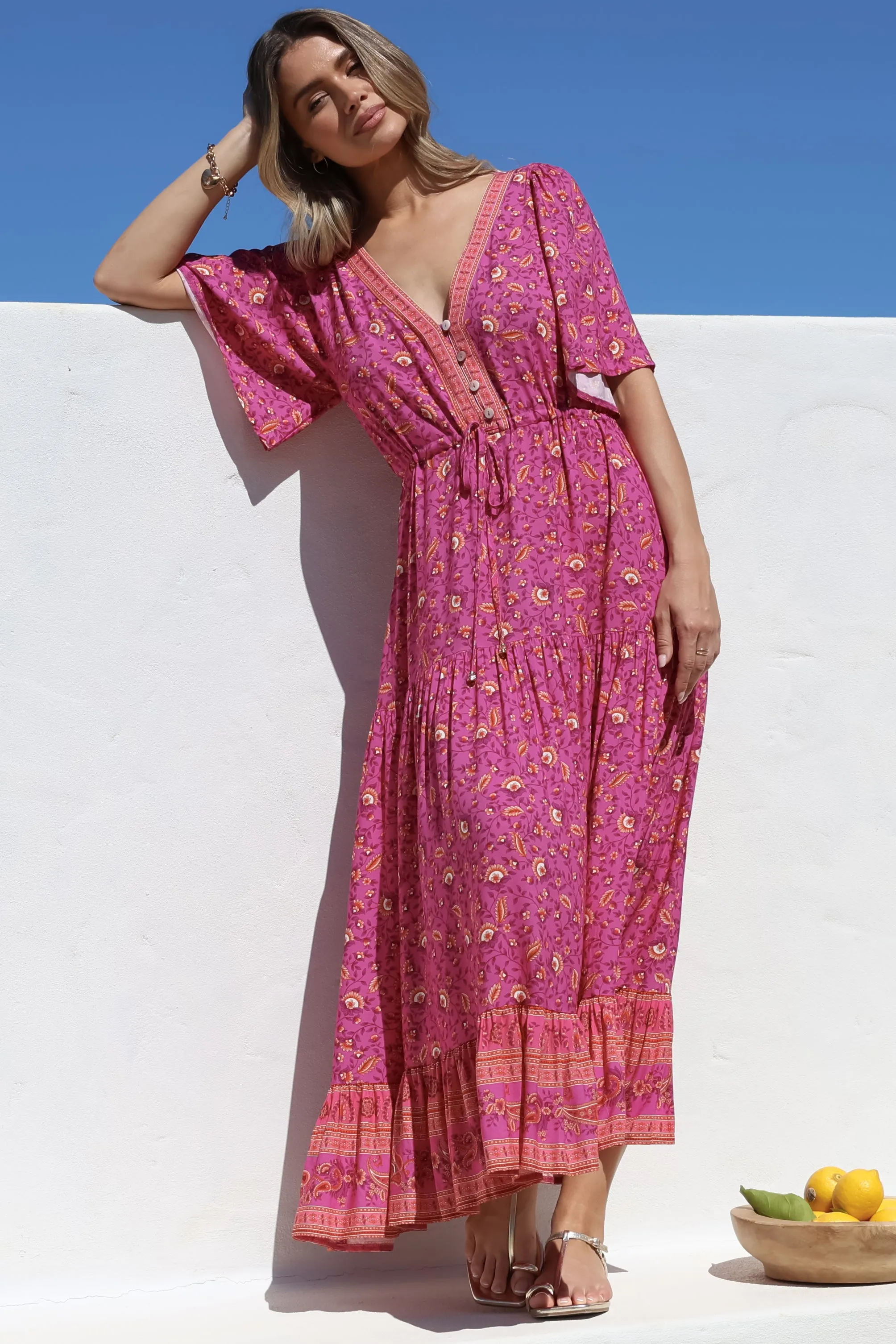 Tassia Maxi Dress - Buttoned Bodice Pull Tie Waist Dress in Quinne Print sold by Salty Crush product image thumbnail 3