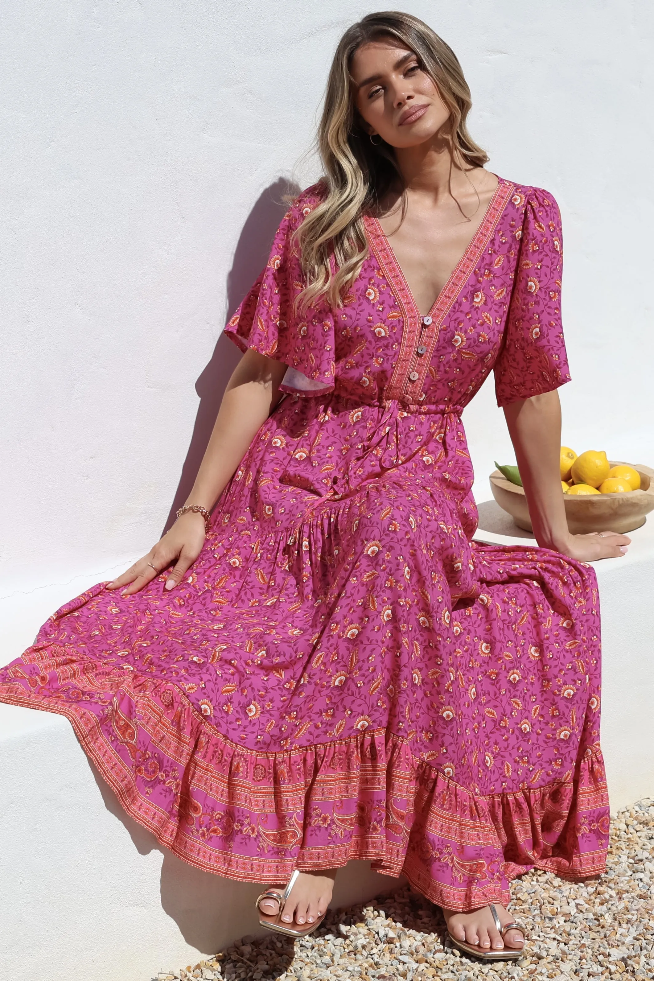 Tassia Maxi Dress - Buttoned Bodice Pull Tie Waist Dress in Quinne Print sold by Salty Crush